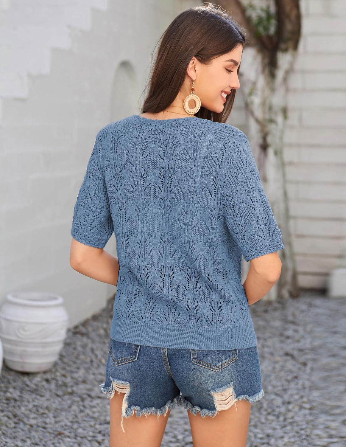 imageGRACE KARIN 2025 Womens Short Sleeve V Neck Cardigans Sweaters Open Front Knit Crochet Button Bolero Shrugs TopsGray Blue