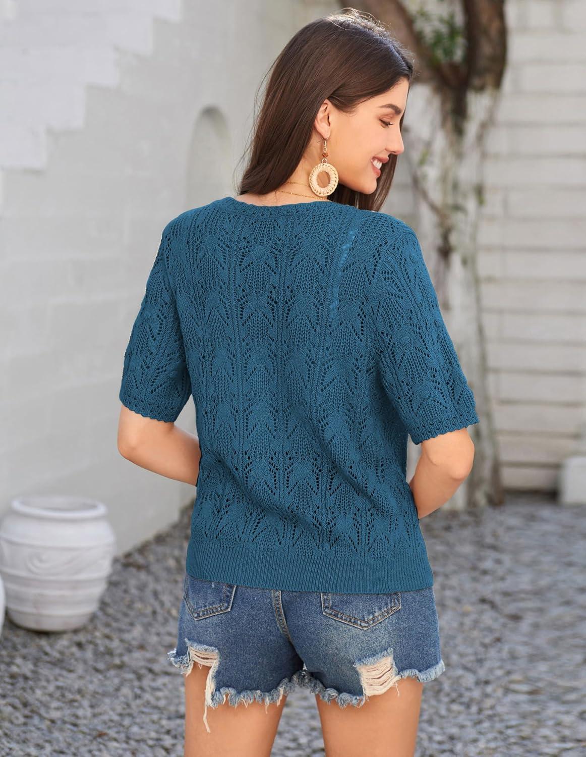 imageGRACE KARIN 2025 Womens Short Sleeve V Neck Cardigans Sweaters Open Front Knit Crochet Button Bolero Shrugs TopsPeacock Blue