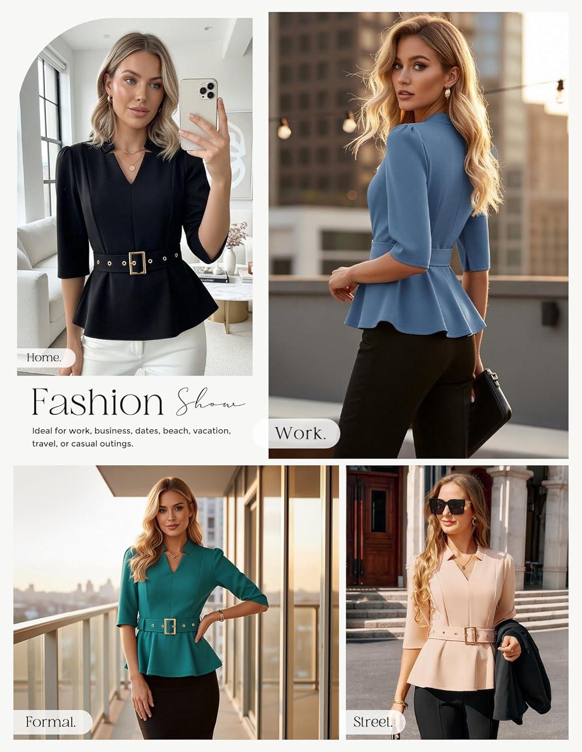 imageGRACE KARIN 2026 Women Dressy Tops V Neck Half Sleeve Business Casual Blouses Spring Fashion Peplum Work Shirts with BeltApricot