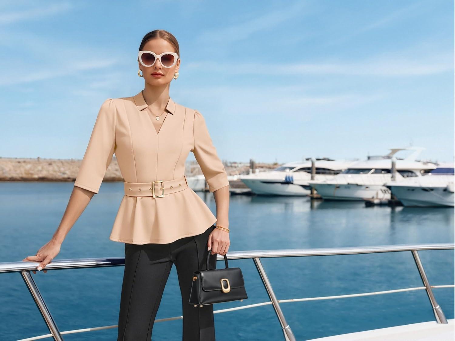 imageGRACE KARIN 2026 Women Dressy Tops V Neck Half Sleeve Business Casual Blouses Spring Fashion Peplum Work Shirts with BeltApricot