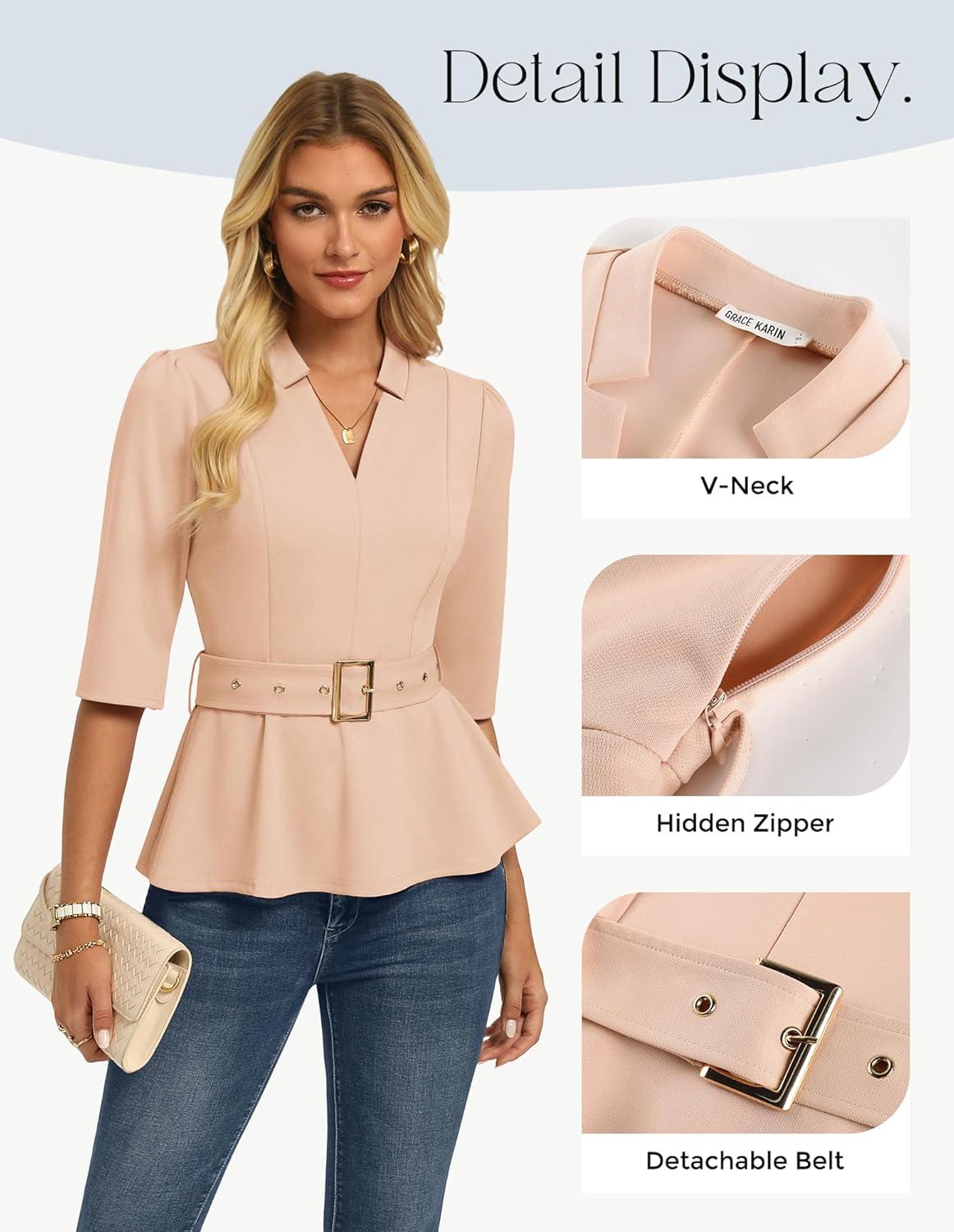 imageGRACE KARIN 2026 Women Dressy Tops V Neck Half Sleeve Business Casual Blouses Spring Fashion Peplum Work Shirts with BeltApricot
