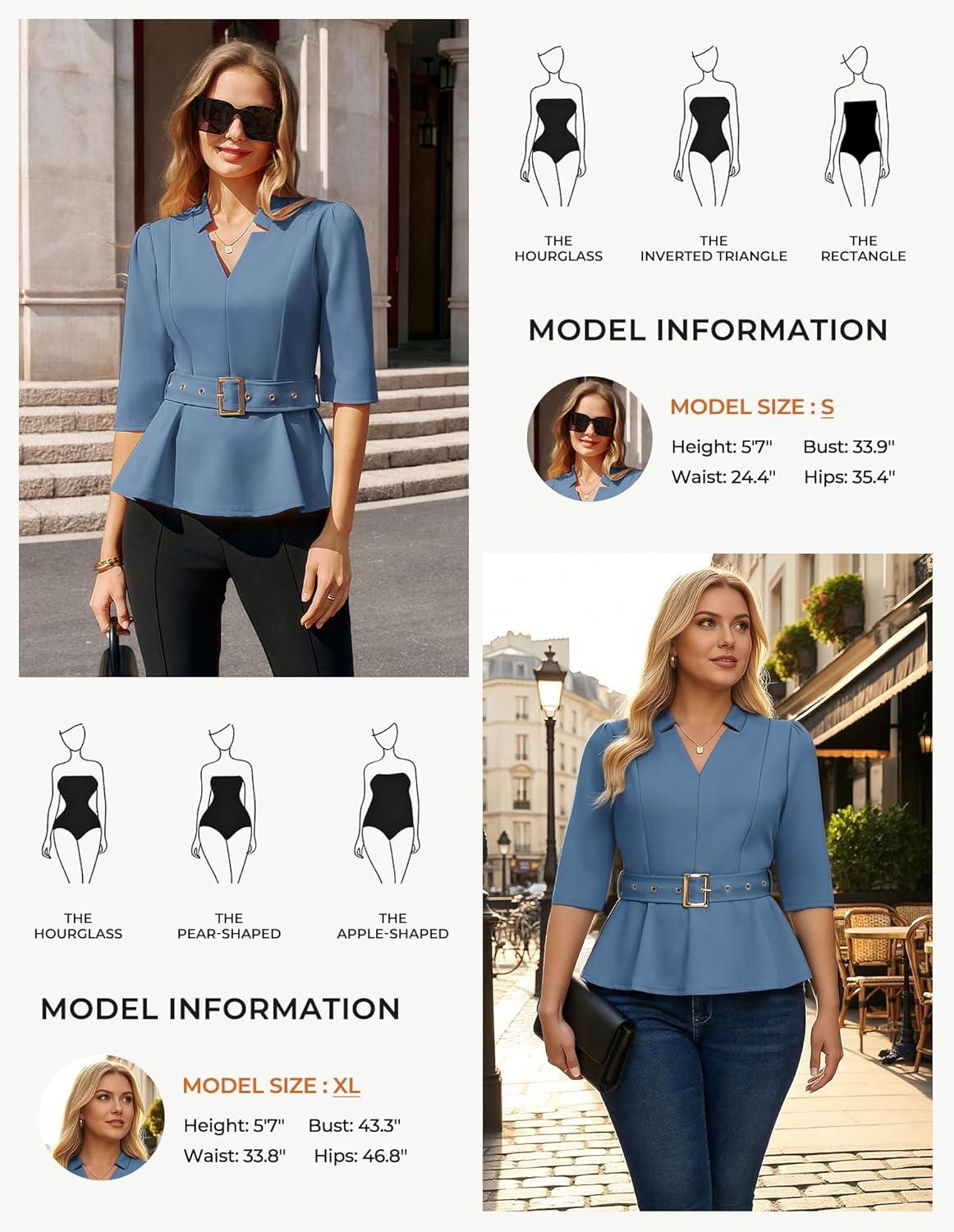imageGRACE KARIN 2026 Women Dressy Tops V Neck Half Sleeve Business Casual Blouses Spring Fashion Peplum Work Shirts with BeltBlack