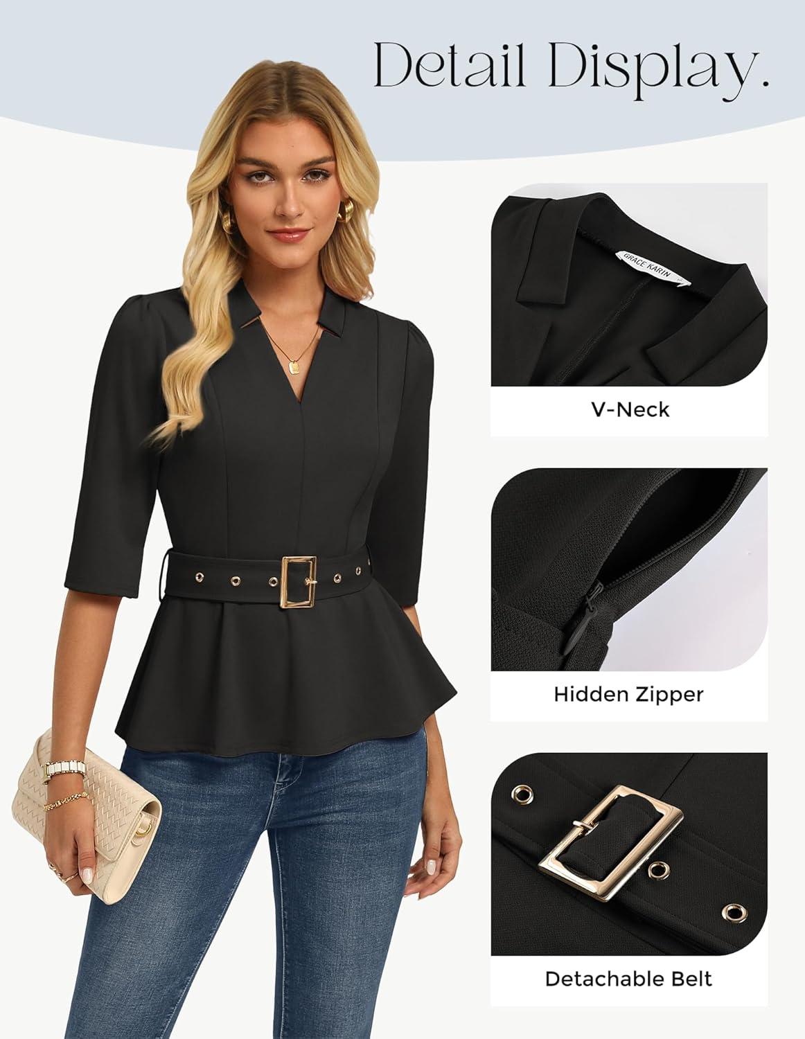 imageGRACE KARIN 2026 Women Dressy Tops V Neck Half Sleeve Business Casual Blouses Spring Fashion Peplum Work Shirts with BeltBlack
