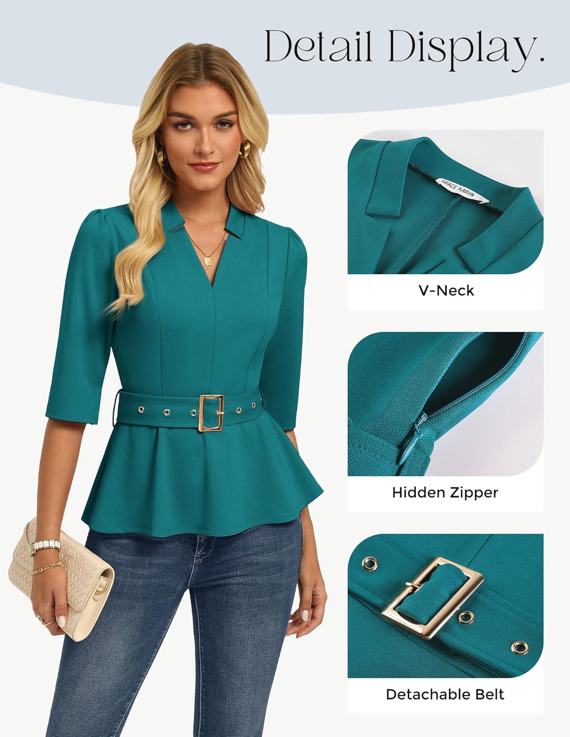 imageGRACE KARIN 2026 Women Dressy Tops V Neck Half Sleeve Business Casual Blouses Spring Fashion Peplum Work Shirts with BeltBlue Green