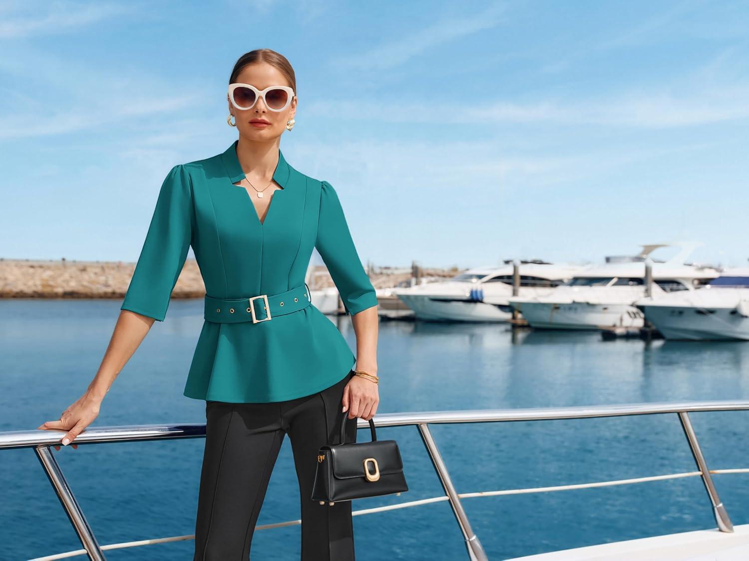 imageGRACE KARIN 2026 Women Dressy Tops V Neck Half Sleeve Business Casual Blouses Spring Fashion Peplum Work Shirts with BeltBlue Green