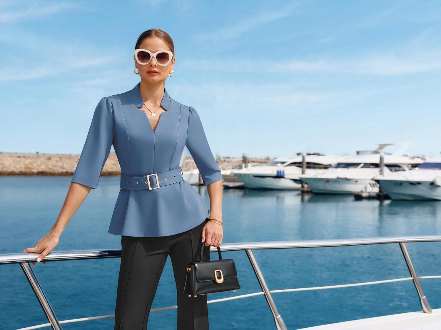 imageGRACE KARIN 2026 Women Dressy Tops V Neck Half Sleeve Business Casual Blouses Spring Fashion Peplum Work Shirts with BeltGrey Blue