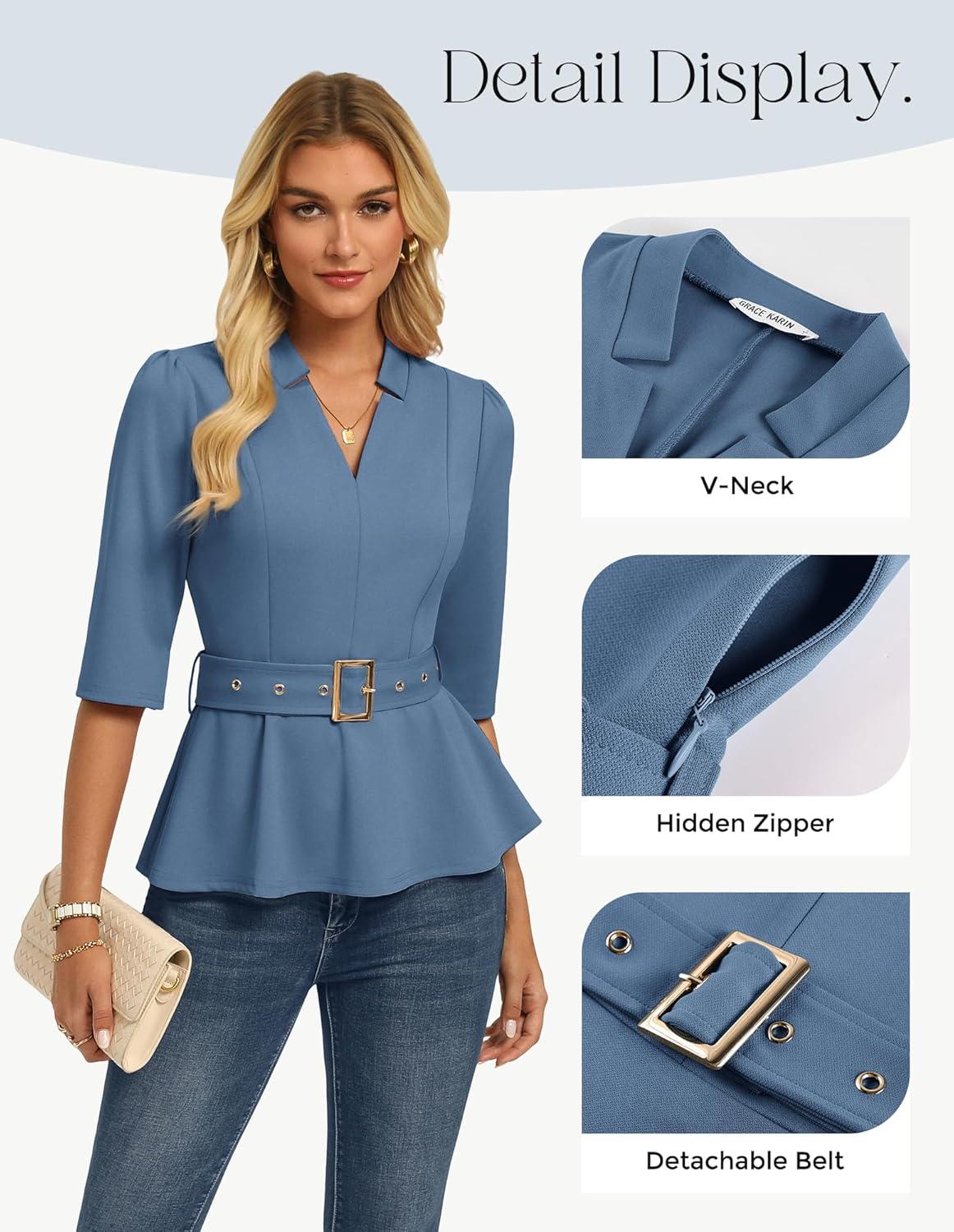 imageGRACE KARIN 2026 Women Dressy Tops V Neck Half Sleeve Business Casual Blouses Spring Fashion Peplum Work Shirts with BeltGrey Blue