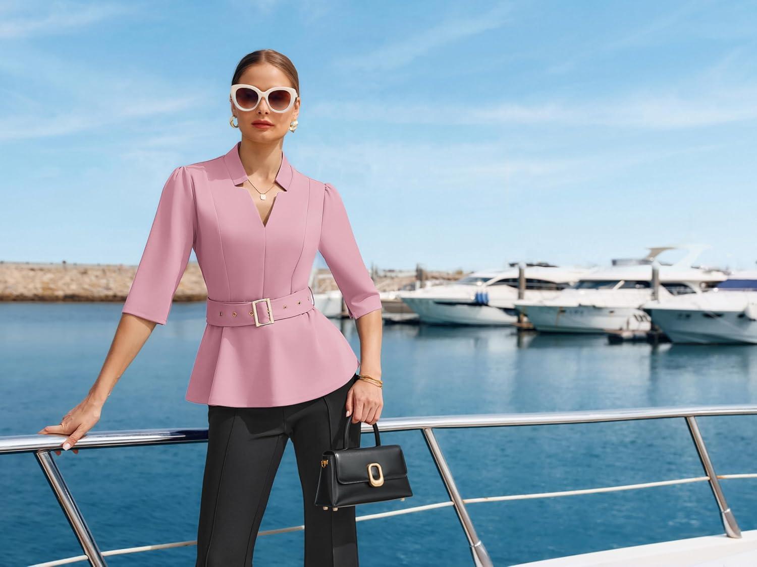 imageGRACE KARIN 2026 Women Dressy Tops V Neck Half Sleeve Business Casual Blouses Spring Fashion Peplum Work Shirts with BeltPink