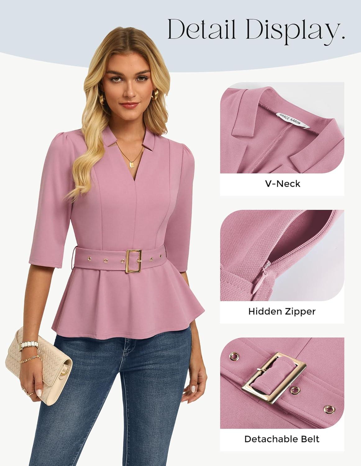 imageGRACE KARIN 2026 Women Dressy Tops V Neck Half Sleeve Business Casual Blouses Spring Fashion Peplum Work Shirts with BeltPink