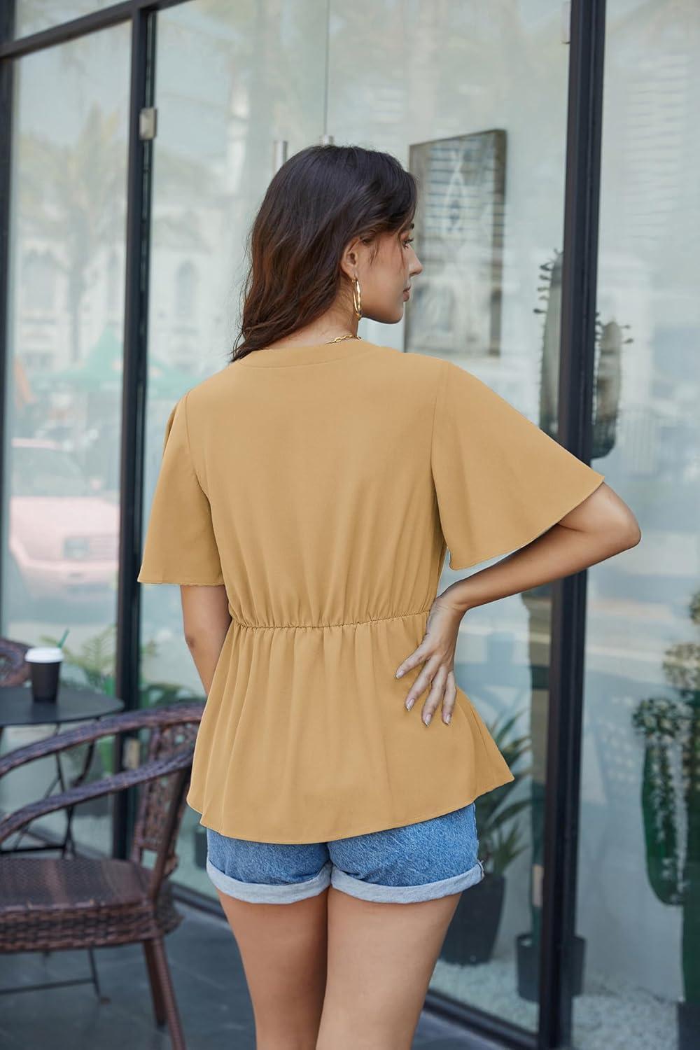 imageGRACE KARIN 2026 Womens Elegant V Neck Peplum Tops Tie Front Short Bell Sleeve Shirts Tops BlouseApricot