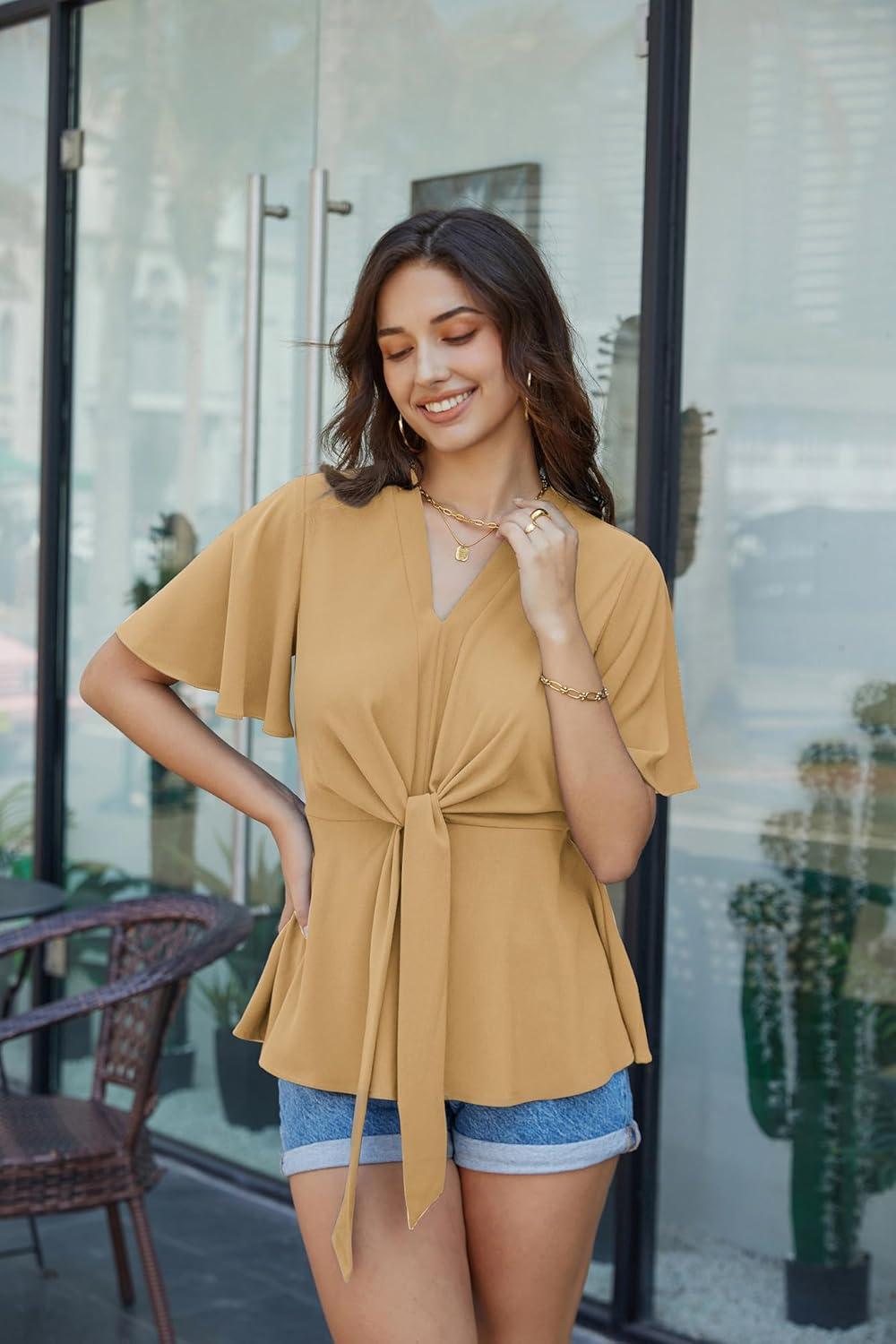 imageGRACE KARIN 2026 Womens Elegant V Neck Peplum Tops Tie Front Short Bell Sleeve Shirts Tops BlouseApricot