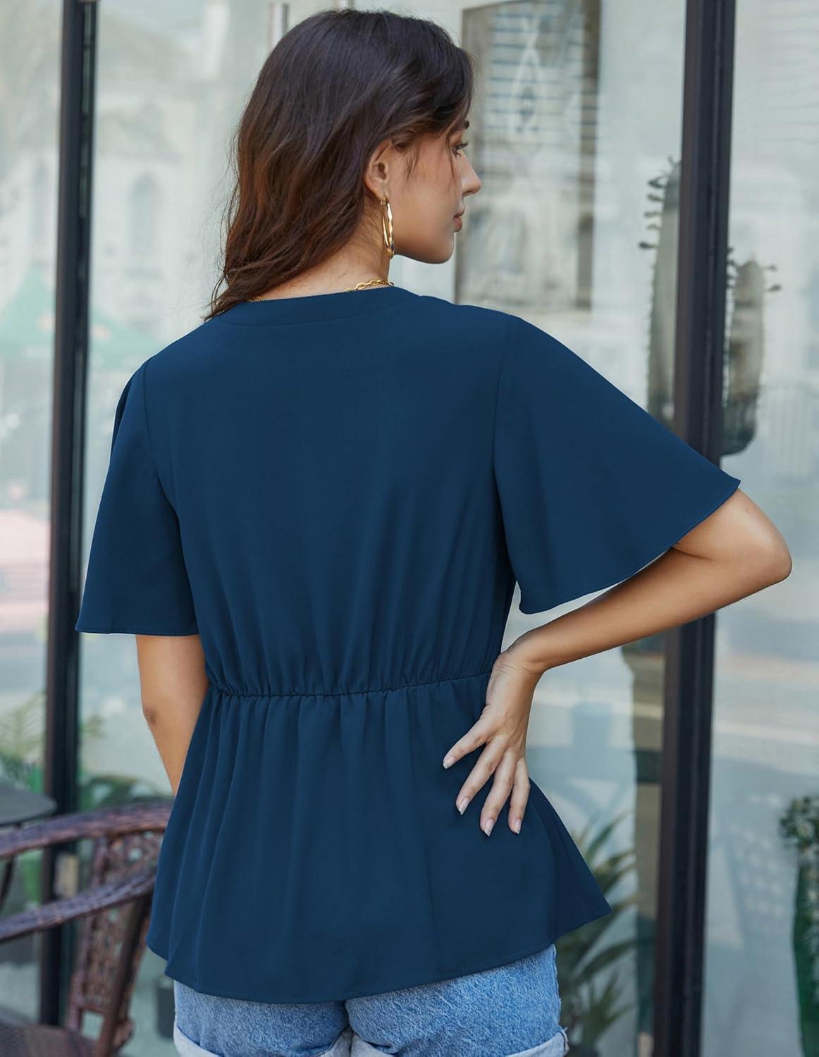 imageGRACE KARIN 2026 Womens Elegant V Neck Peplum Tops Tie Front Short Bell Sleeve Shirts Tops BlouseDark Blue