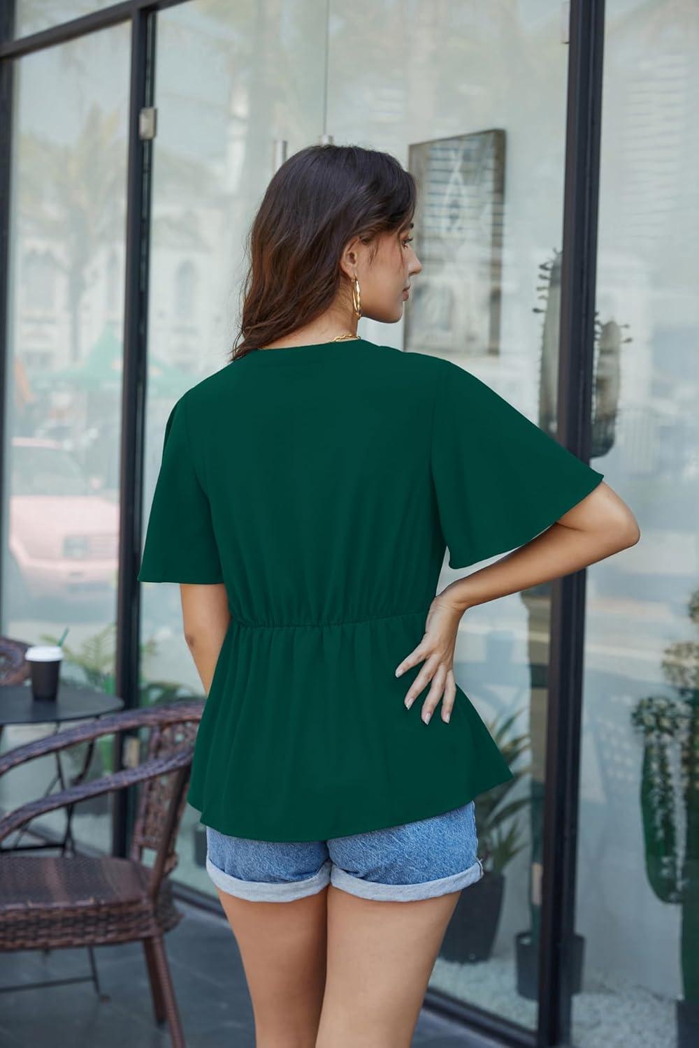 imageGRACE KARIN 2026 Womens Elegant V Neck Peplum Tops Tie Front Short Bell Sleeve Shirts Tops BlouseDark Green