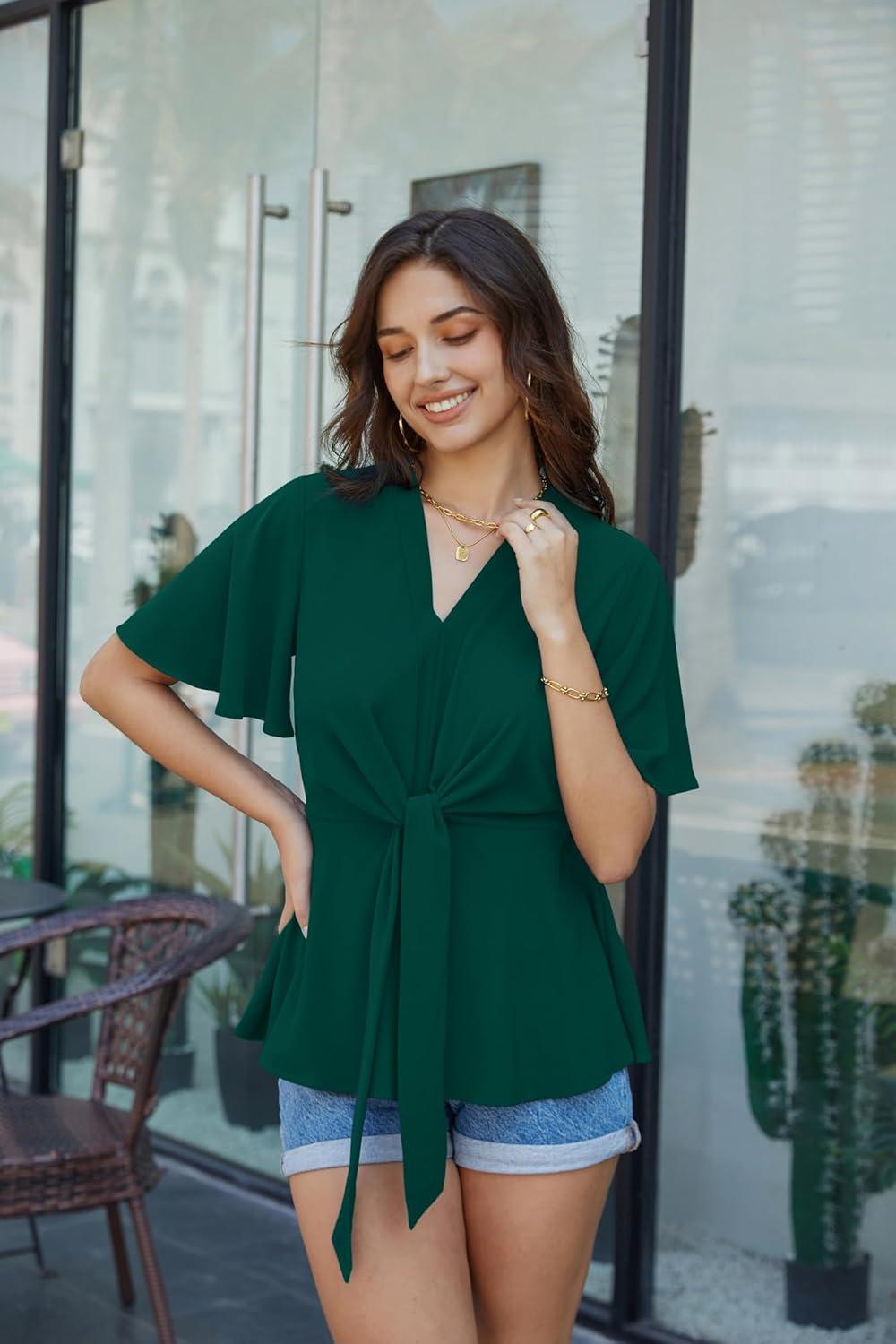 imageGRACE KARIN 2026 Womens Elegant V Neck Peplum Tops Tie Front Short Bell Sleeve Shirts Tops BlouseDark Green