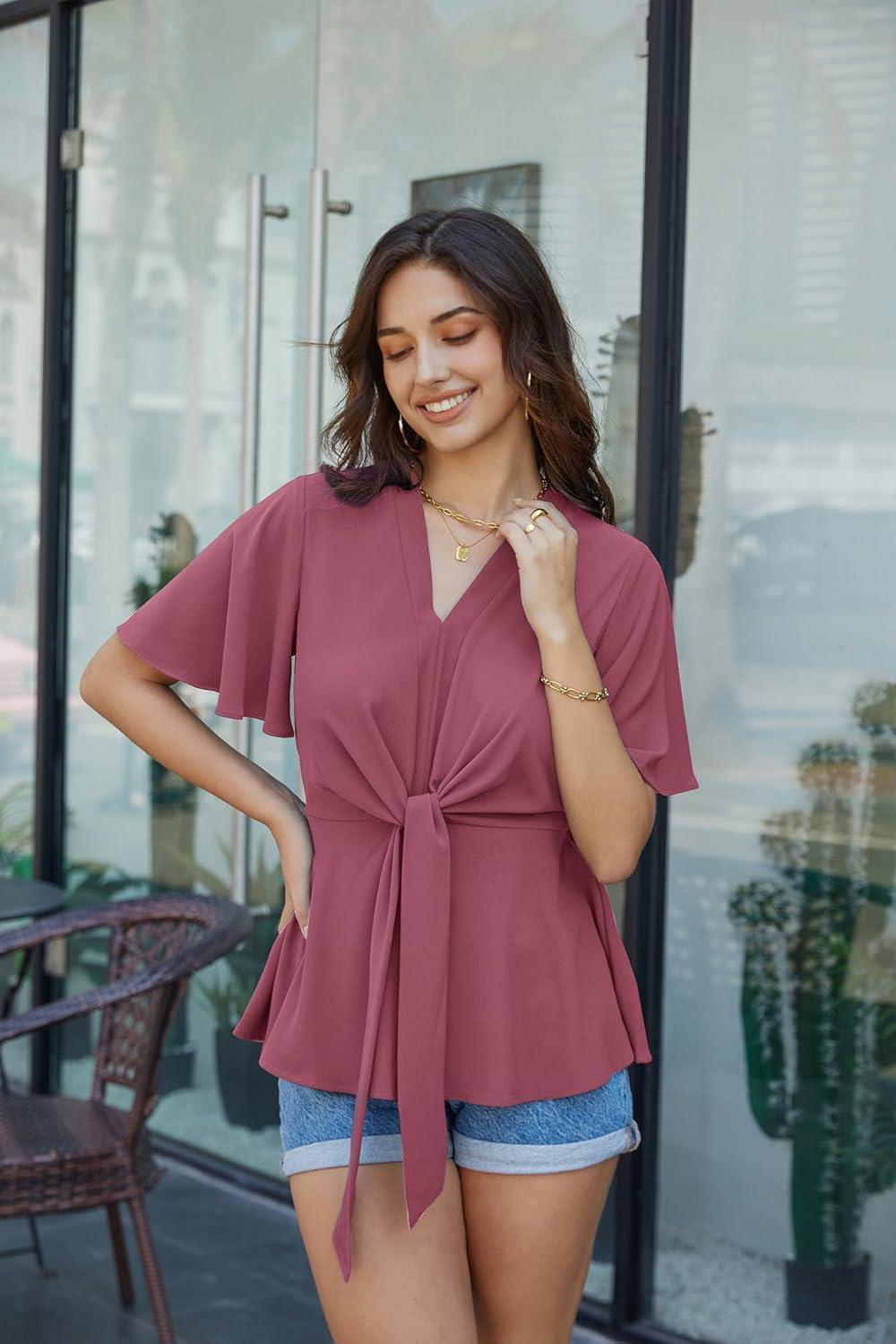 imageGRACE KARIN 2026 Womens Elegant V Neck Peplum Tops Tie Front Short Bell Sleeve Shirts Tops BlouseDark Pink