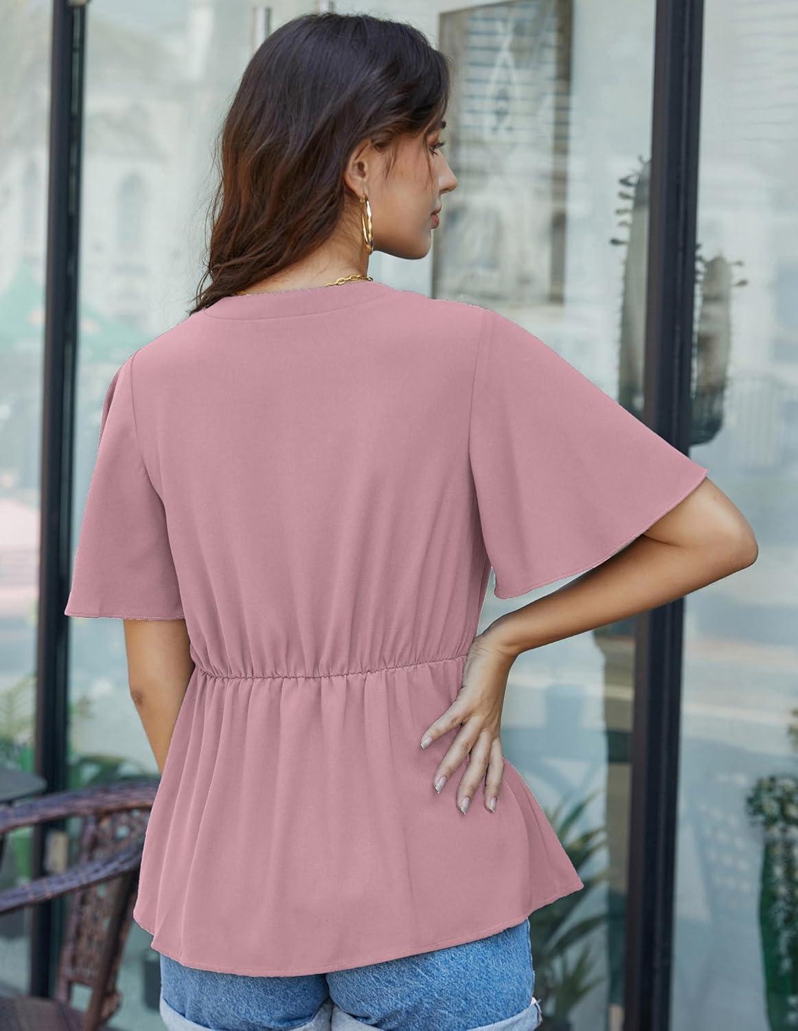 imageGRACE KARIN 2026 Womens Elegant V Neck Peplum Tops Tie Front Short Bell Sleeve Shirts Tops BlouseGray Pink