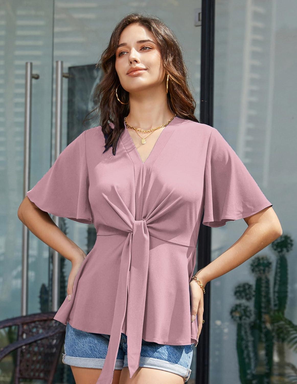 imageGRACE KARIN 2026 Womens Elegant V Neck Peplum Tops Tie Front Short Bell Sleeve Shirts Tops BlouseGray Pink
