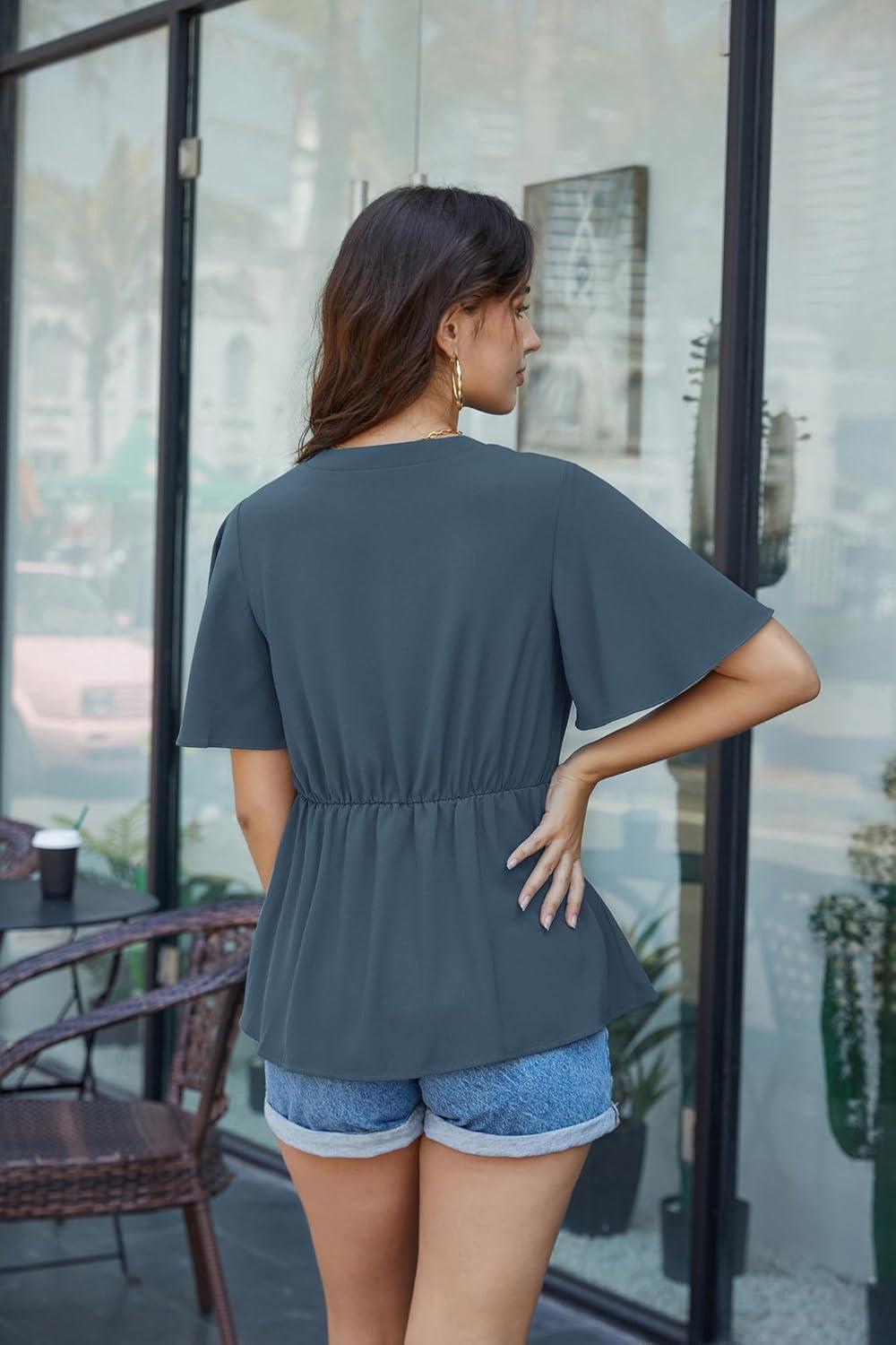 imageGRACE KARIN 2026 Womens Elegant V Neck Peplum Tops Tie Front Short Bell Sleeve Shirts Tops BlouseGrey Blue