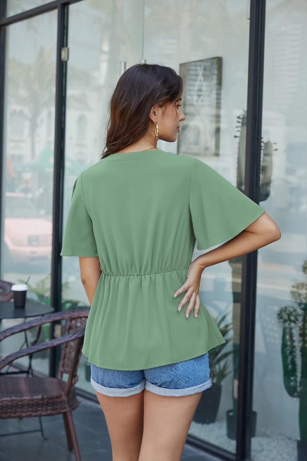 imageGRACE KARIN 2026 Womens Elegant V Neck Peplum Tops Tie Front Short Bell Sleeve Shirts Tops BlouseLight Green