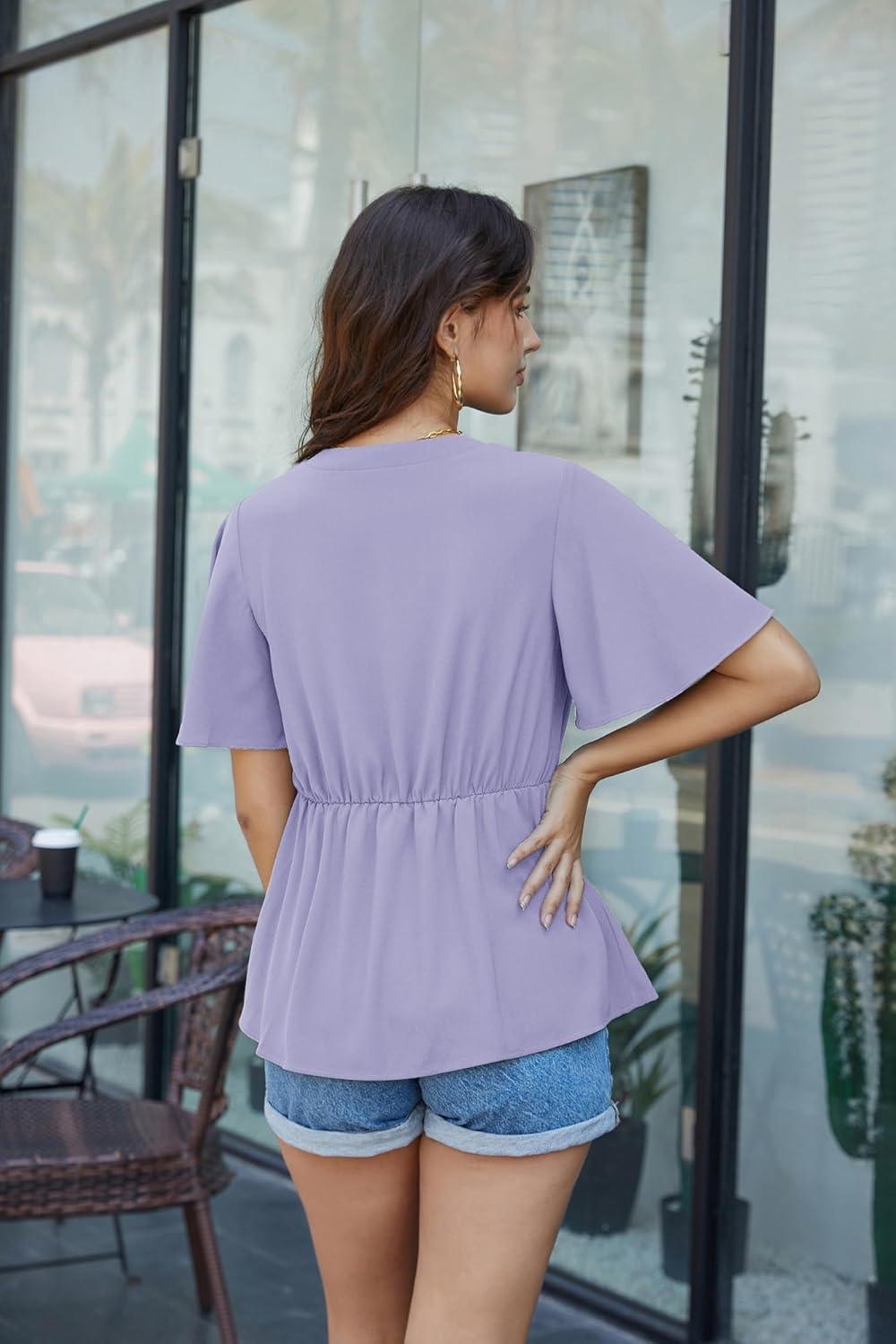 imageGRACE KARIN 2026 Womens Elegant V Neck Peplum Tops Tie Front Short Bell Sleeve Shirts Tops BlouseLilac