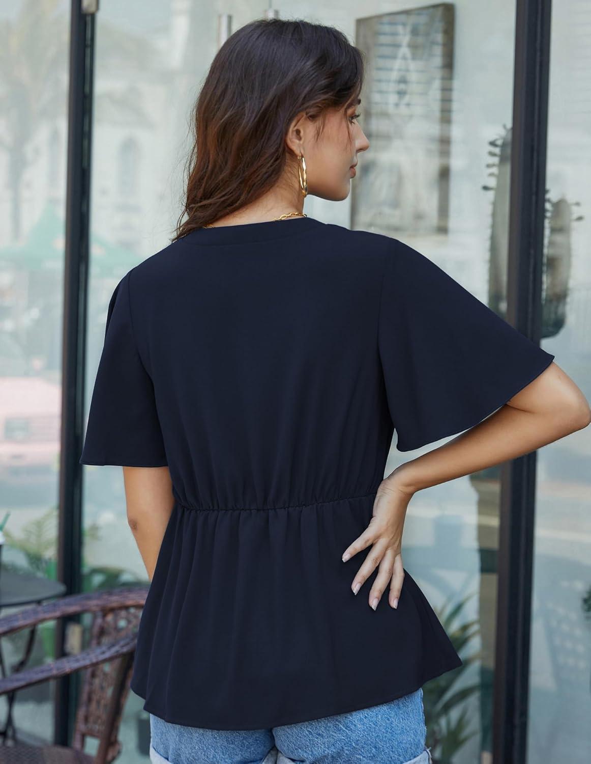 imageGRACE KARIN 2026 Womens Elegant V Neck Peplum Tops Tie Front Short Bell Sleeve Shirts Tops BlouseNavy Blue1