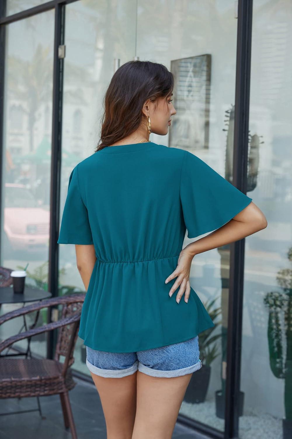 imageGRACE KARIN 2026 Womens Elegant V Neck Peplum Tops Tie Front Short Bell Sleeve Shirts Tops BlousePeacock Blue