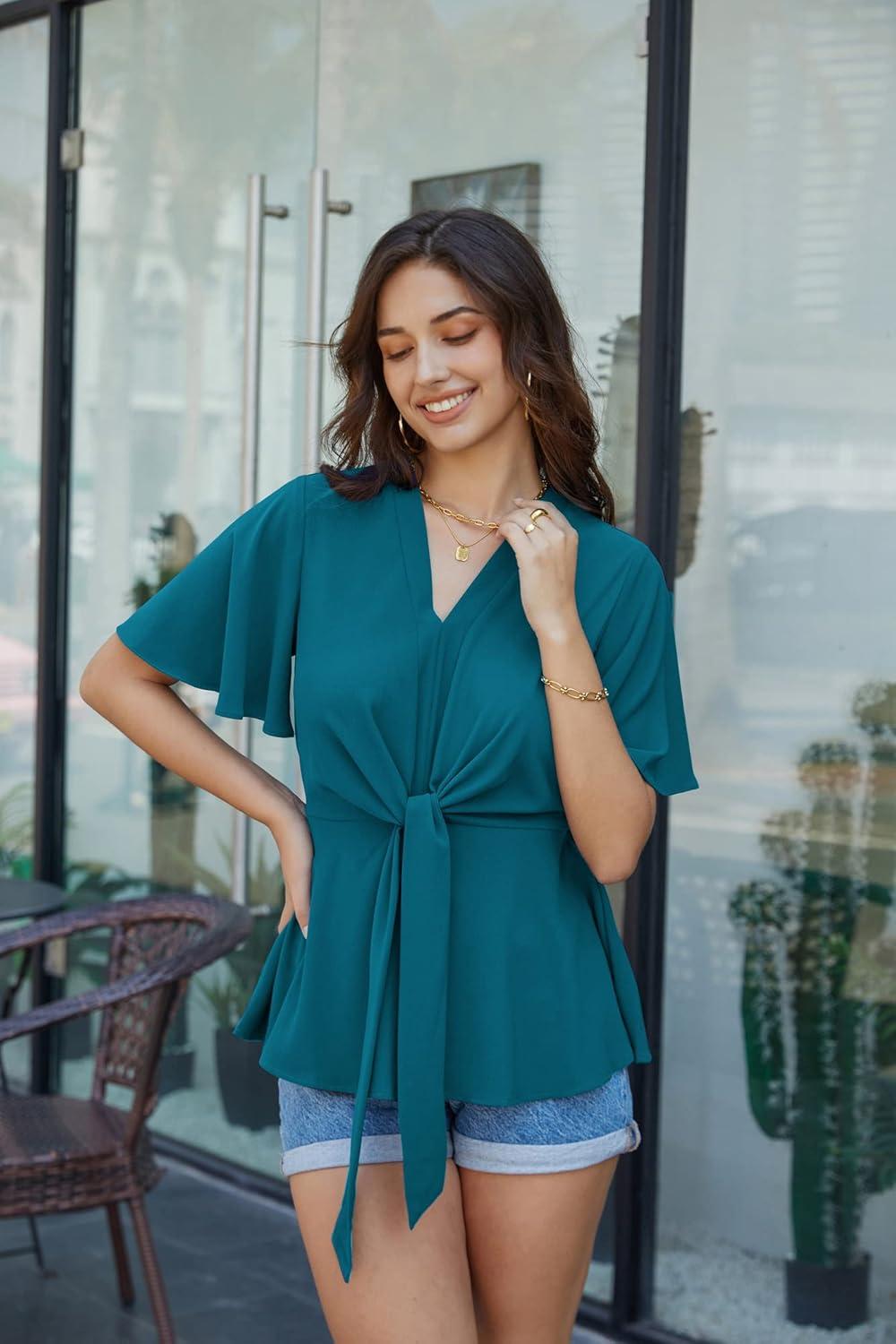 imageGRACE KARIN 2026 Womens Elegant V Neck Peplum Tops Tie Front Short Bell Sleeve Shirts Tops BlousePeacock Blue