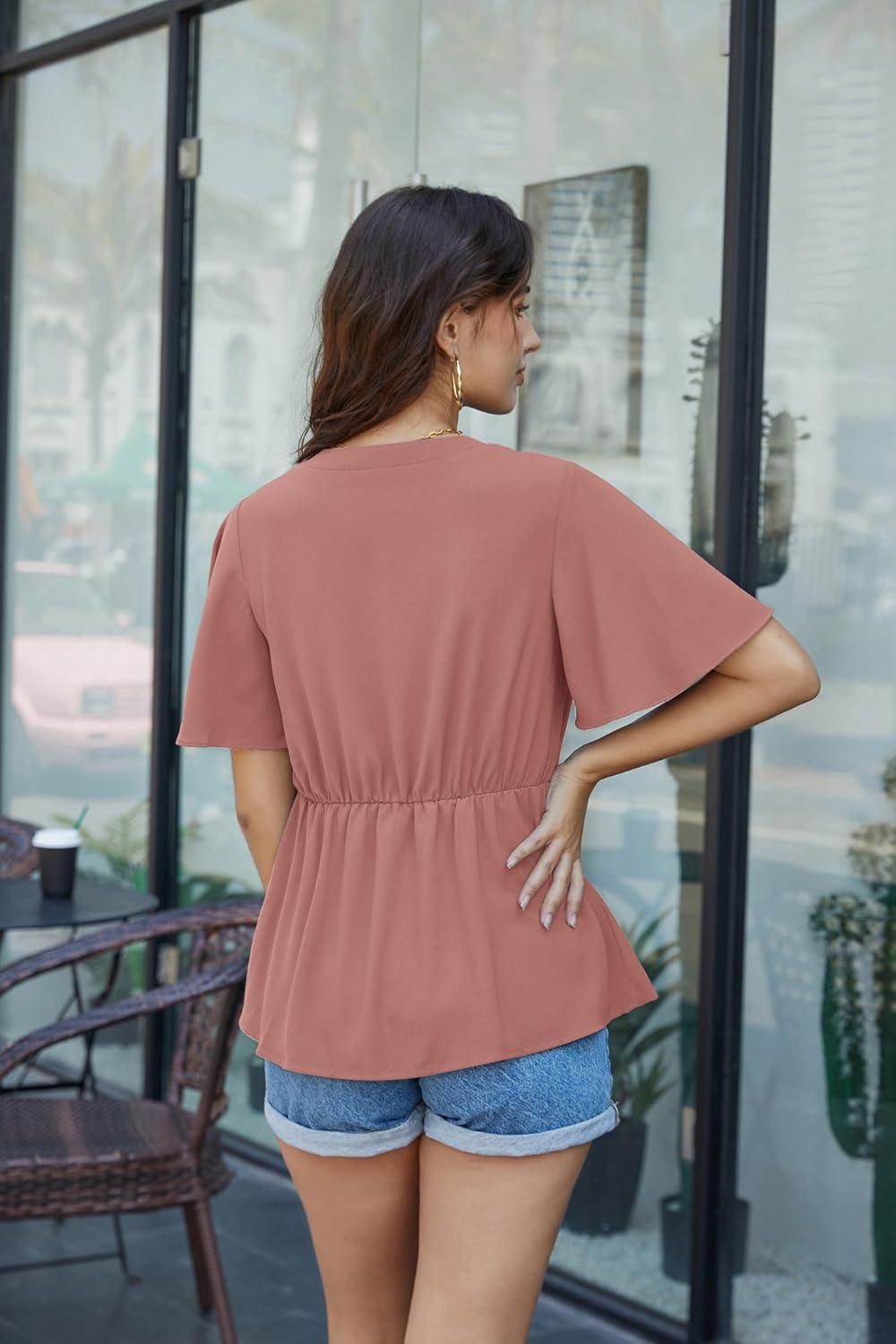 imageGRACE KARIN 2026 Womens Elegant V Neck Peplum Tops Tie Front Short Bell Sleeve Shirts Tops BlousePink