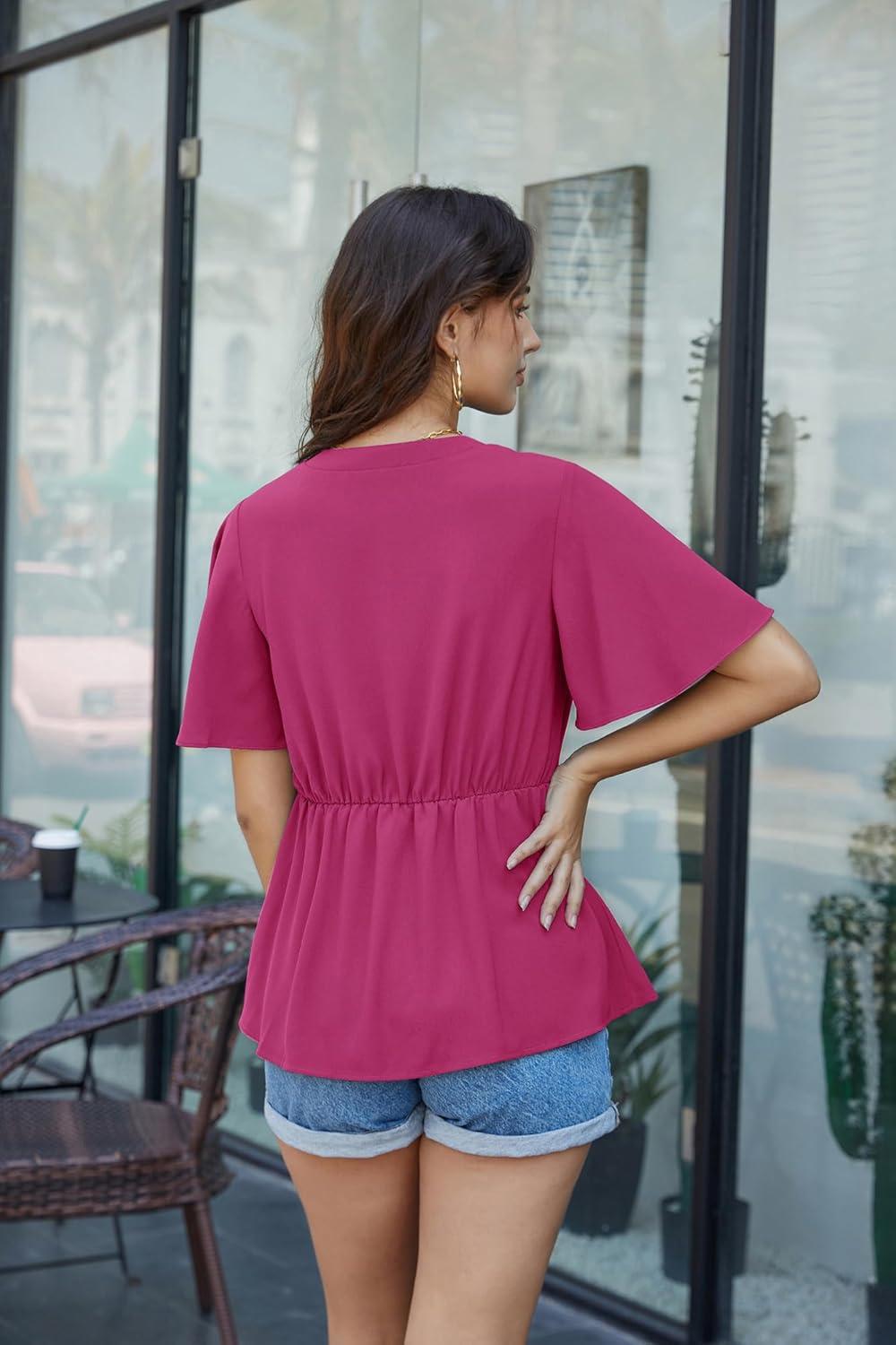 imageGRACE KARIN 2026 Womens Elegant V Neck Peplum Tops Tie Front Short Bell Sleeve Shirts Tops BlouseRose Red