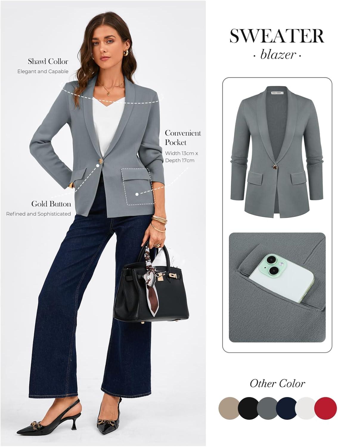 imageGRACE KARIN Blazers for Women Business Casual Work Dressy Suit Jacket Long Sleeve Open Front Spring Cardigan SweaterGrey
