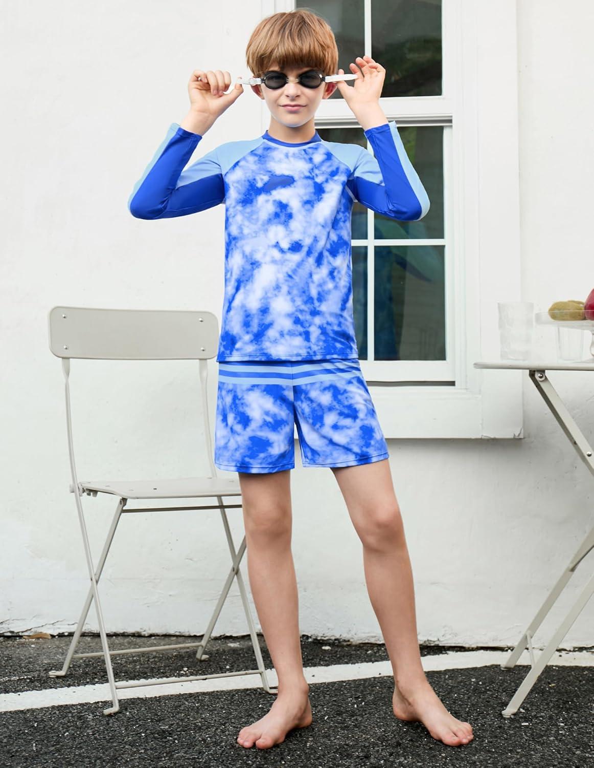 imageGRACE KARIN Boys Rash Guard Swim Set Two Piece Long Sleeve Bathing Suit Boy Swimsuit 613YBlue