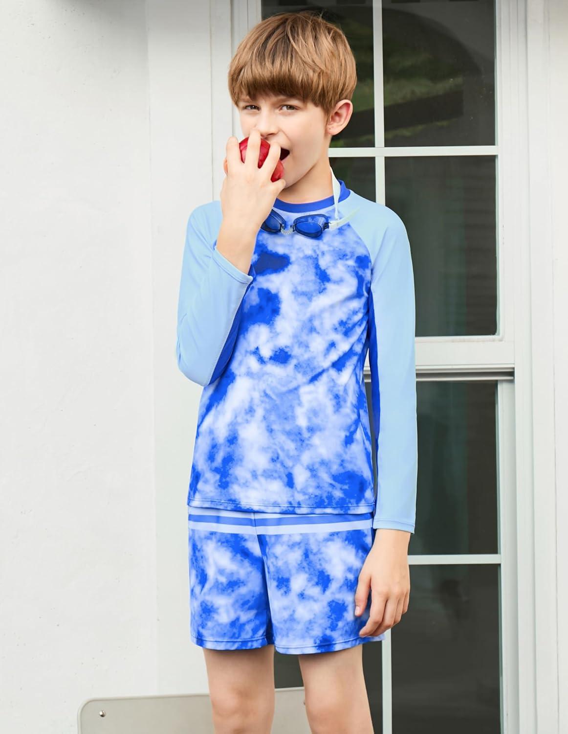 imageGRACE KARIN Boys Rash Guard Swim Set Two Piece Long Sleeve Bathing Suit Boy Swimsuit 613YBlue