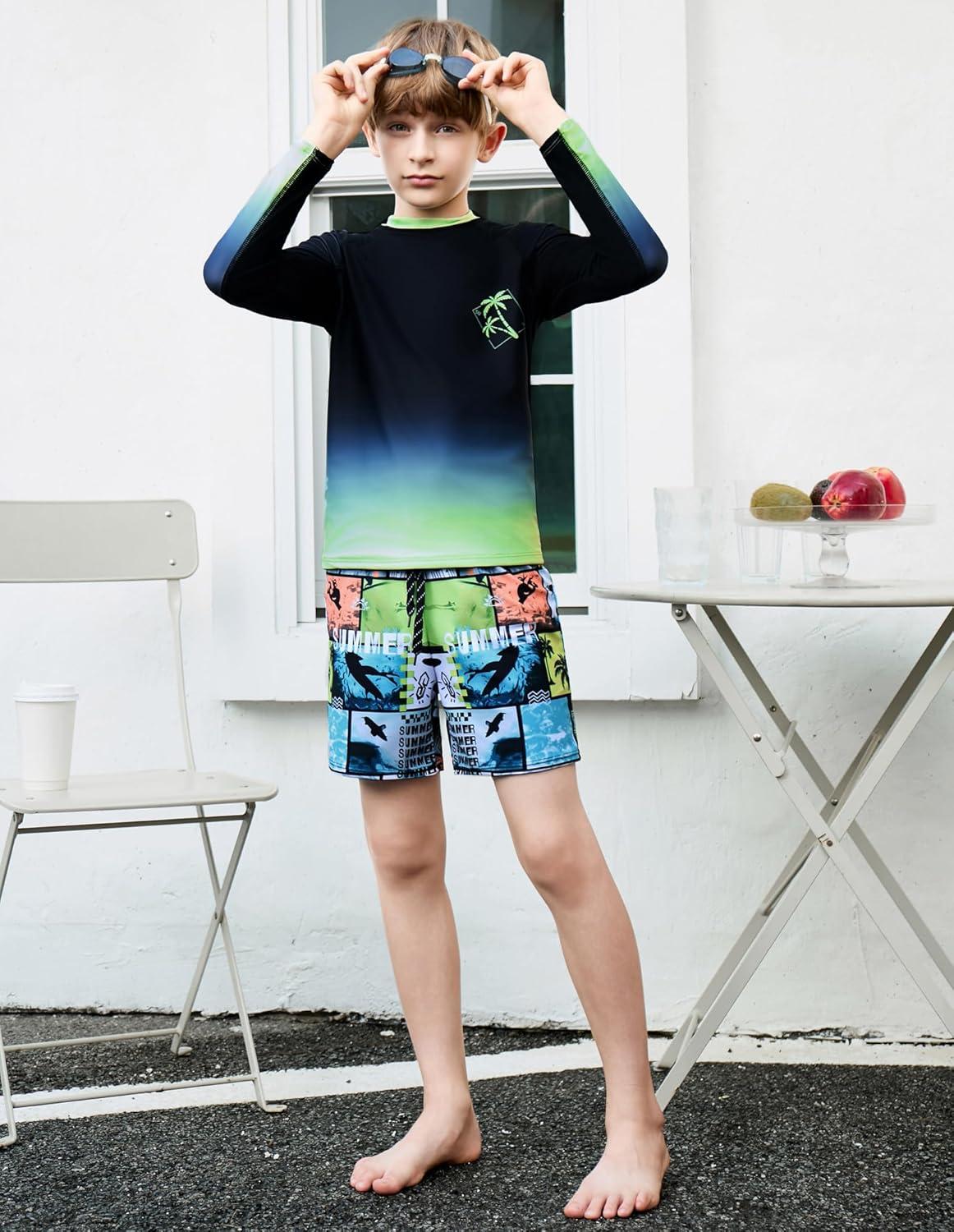 imageGRACE KARIN Boys Rash Guard Swim Set Two Piece Long Sleeve Bathing Suit Boy Swimsuit 613YGreen