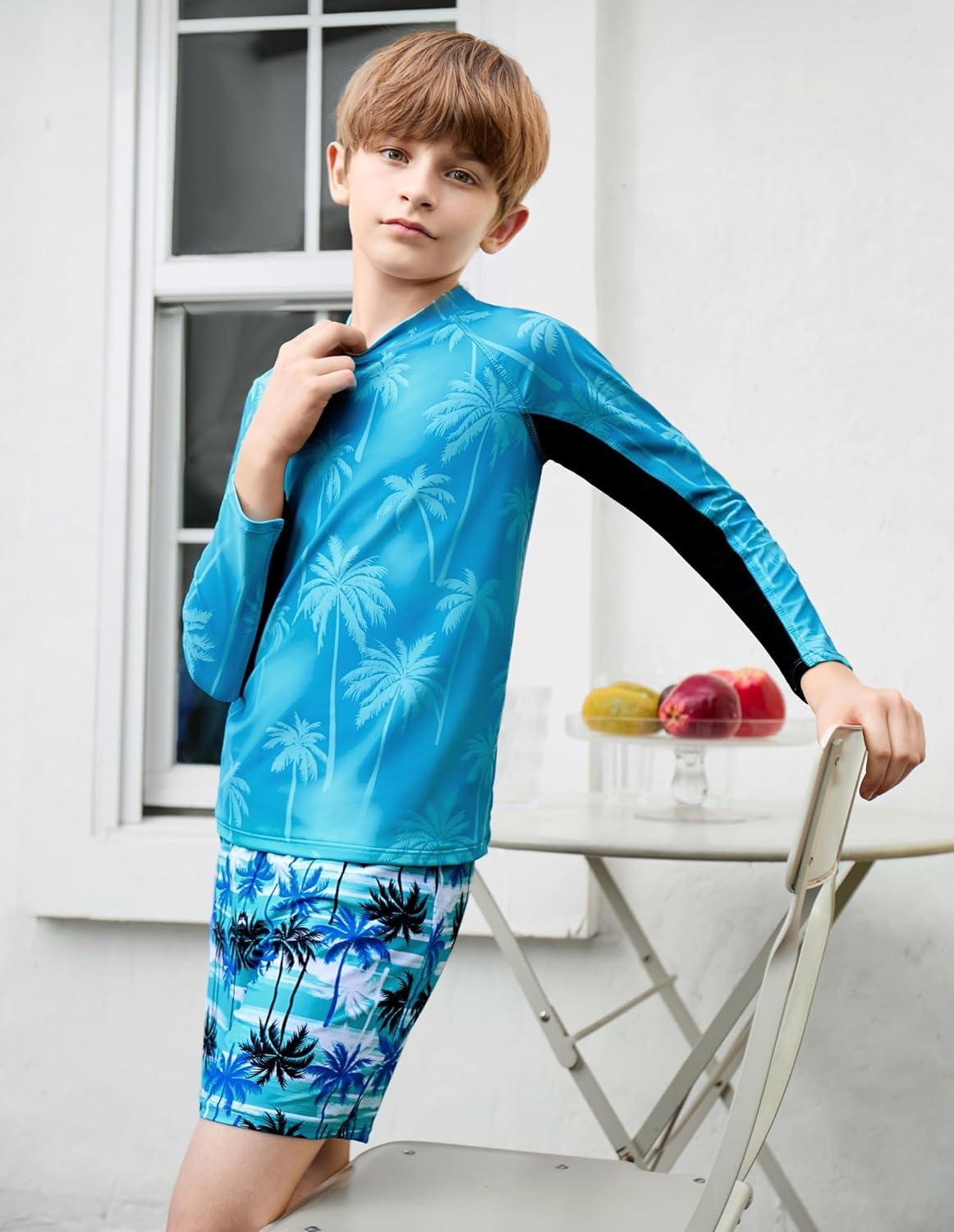 imageGRACE KARIN Boys Rash Guard Swim Set Two Piece Long Sleeve Bathing Suit Boy Swimsuit 613YTeal