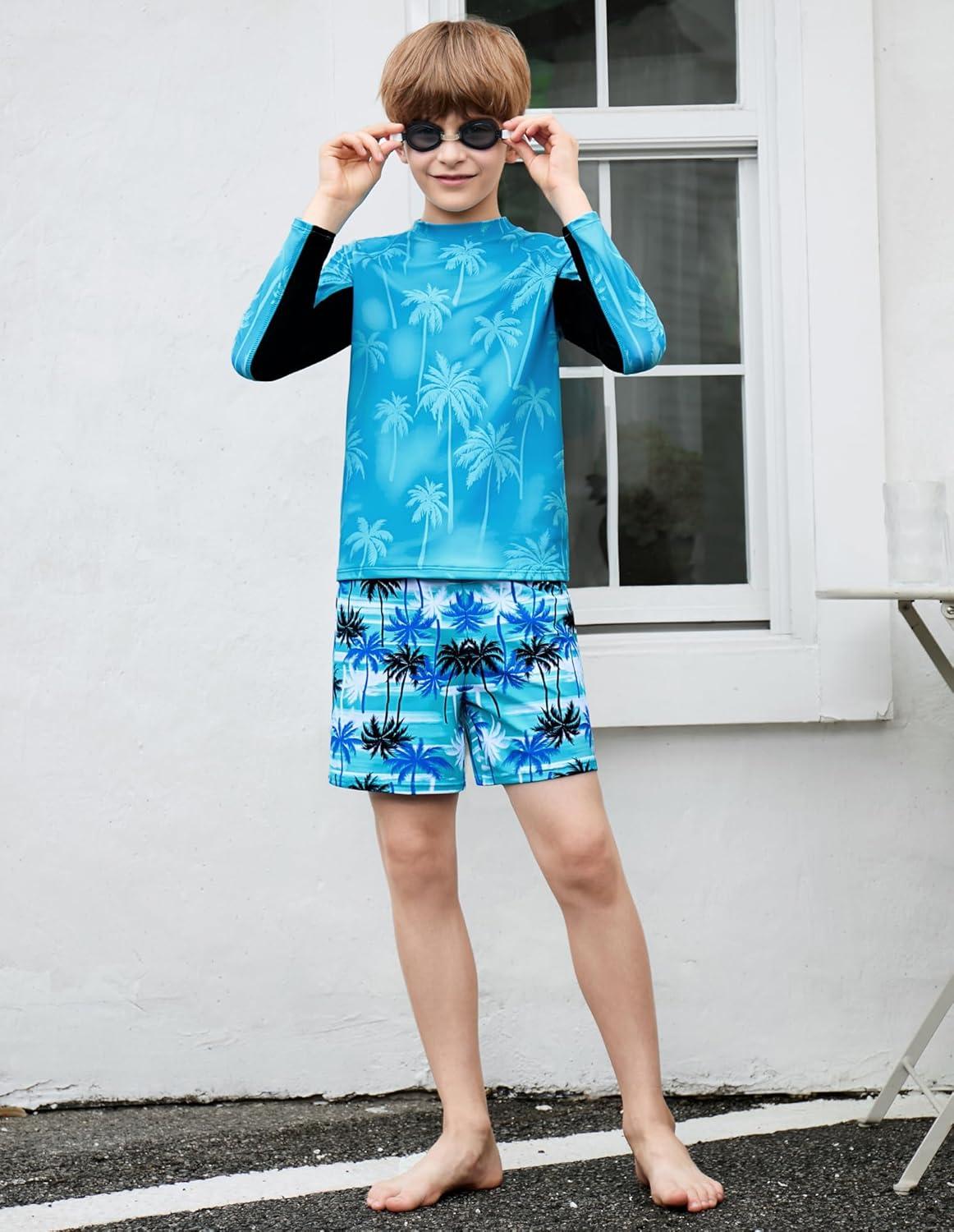 imageGRACE KARIN Boys Rash Guard Swim Set Two Piece Long Sleeve Bathing Suit Boy Swimsuit 613YTeal