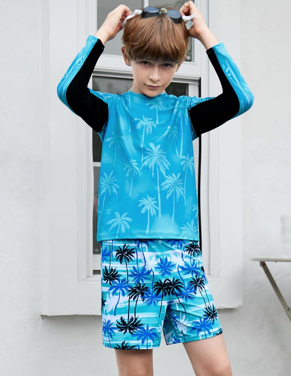 imageGRACE KARIN Boys Rash Guard Swim Set Two Piece Long Sleeve Bathing Suit Boy Swimsuit 613YTeal