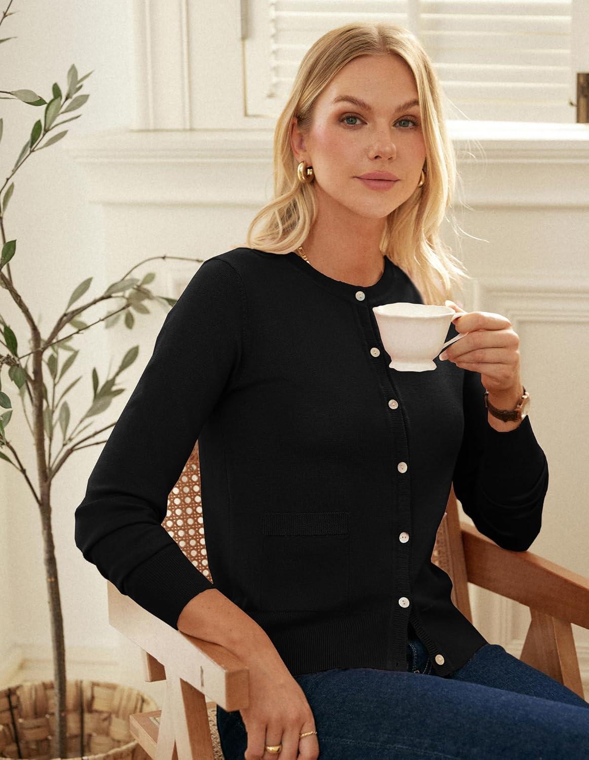 imageGRACE KARIN Cardigan Sweaters for Women Fall Fashion Crew Neck Button up Cardigan Long Sleeve Lightweight Cardigans 2025Black