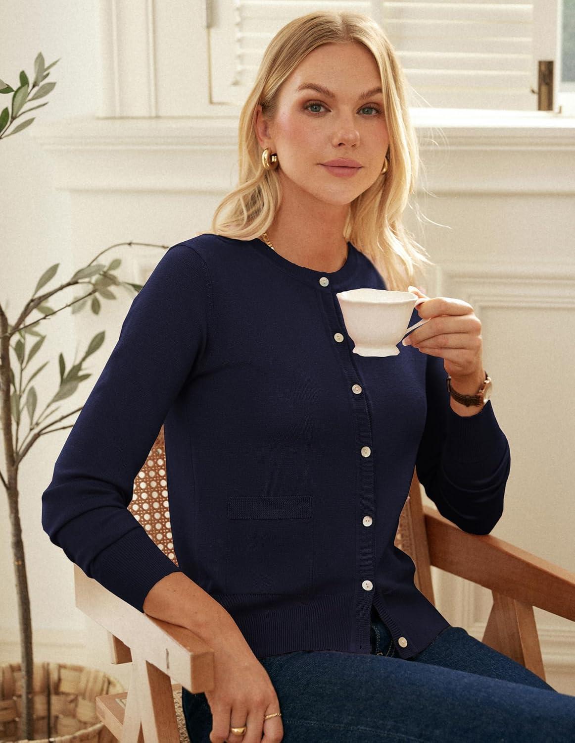 imageGRACE KARIN Cardigan Sweaters for Women Fall Fashion Crew Neck Button up Cardigan Long Sleeve Lightweight Cardigans 2025Navy Blue