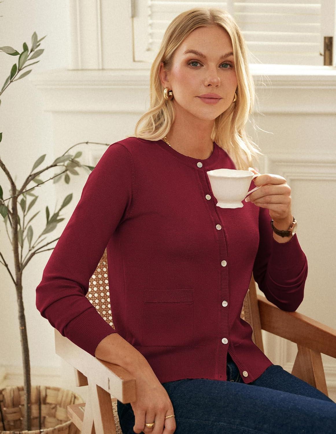 imageGRACE KARIN Cardigan Sweaters for Women Fall Fashion Crew Neck Button up Cardigan Long Sleeve Lightweight Cardigans 2025Red