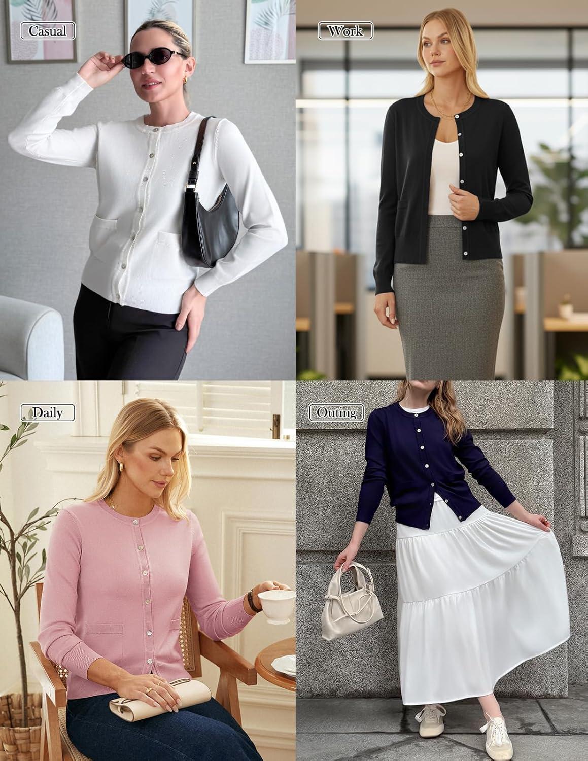 imageGRACE KARIN Cardigan Sweaters for Women Fall Fashion Crew Neck Button up Cardigan Long Sleeve Lightweight Cardigans 2025White