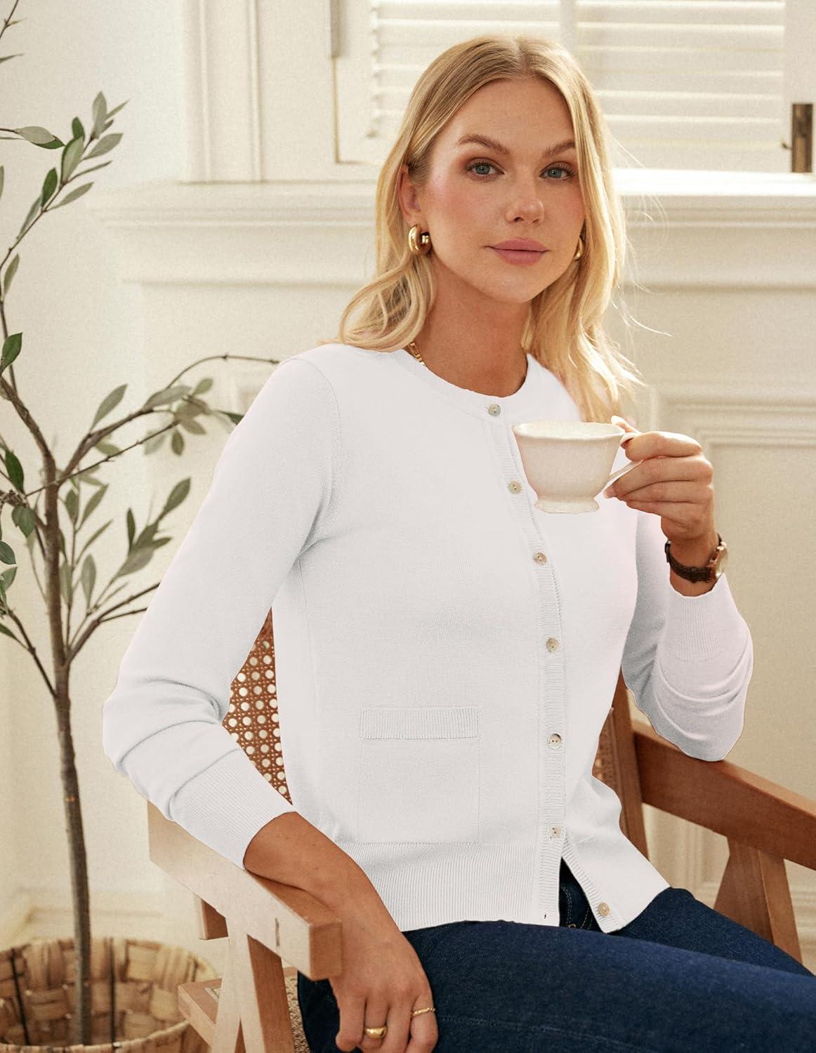 imageGRACE KARIN Cardigan Sweaters for Women Fall Fashion Crew Neck Button up Cardigan Long Sleeve Lightweight Cardigans 2025White