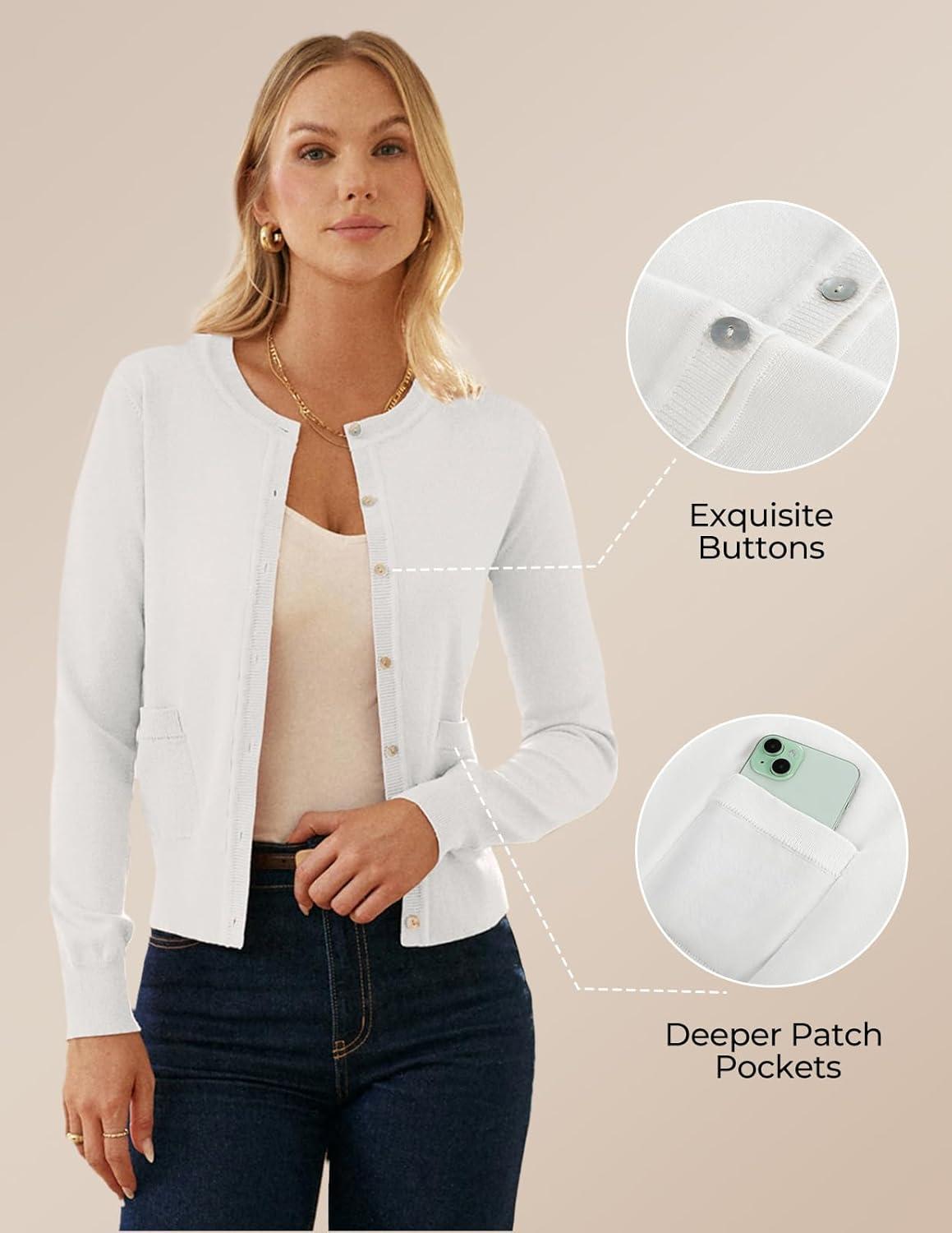 imageGRACE KARIN Cardigan Sweaters for Women Fall Fashion Crew Neck Button up Cardigan Long Sleeve Lightweight Cardigans 2025White