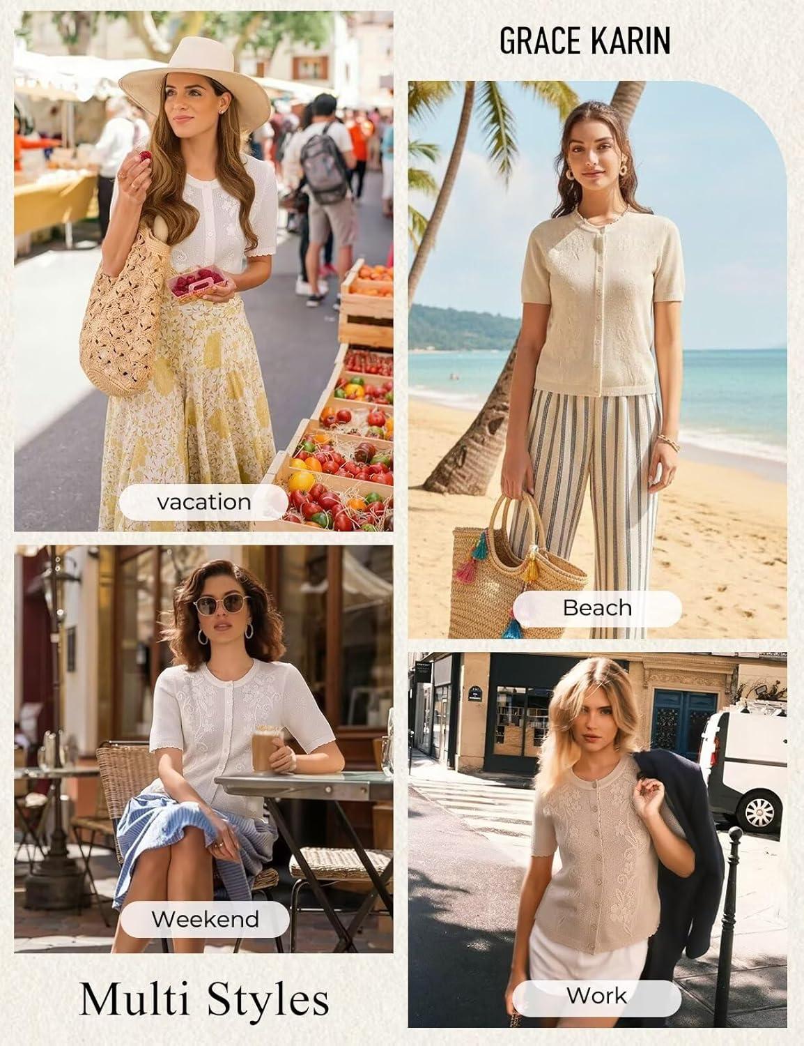 imageGRACE KARIN Cardigan Sweaters for Women Short Sleeve Sweater Trendy Lightweight Crewneck Crochet Top Shrugs ClothesIvory
