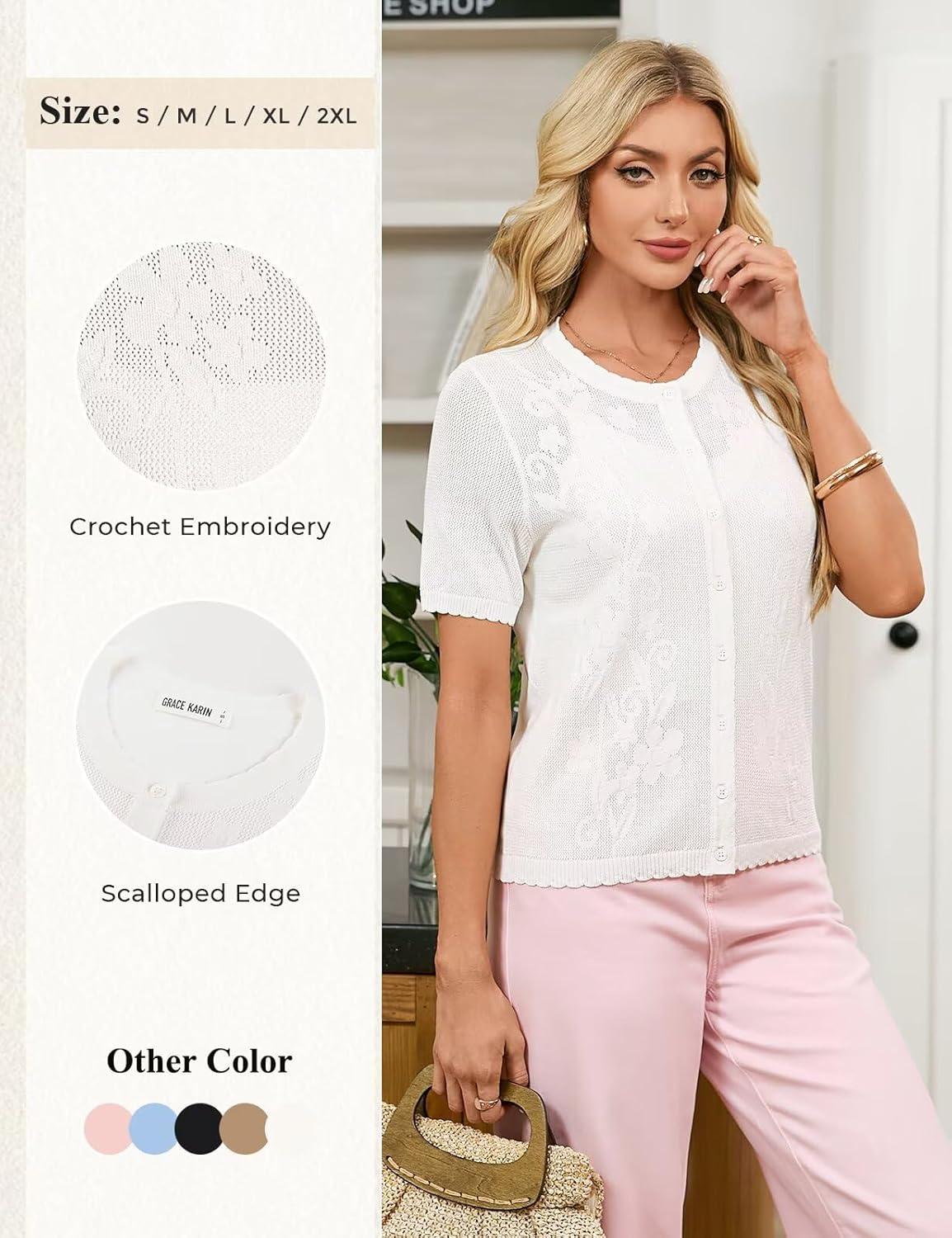 imageGRACE KARIN Cardigan Sweaters for Women Short Sleeve Sweater Trendy Lightweight Crewneck Crochet Top Shrugs ClothesIvory
