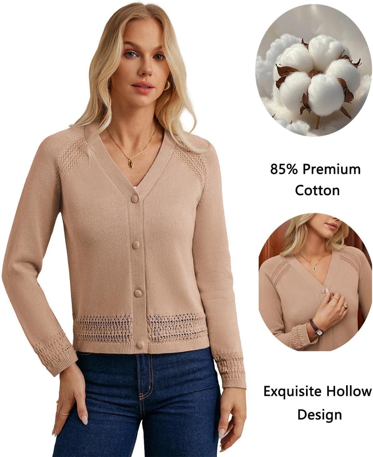 imageGRACE KARIN Cotton Cropped Cardigan Sweater for Women Lightweight V neck Button Up Sweater Spring Summer Fashion Clothes 2026Beige