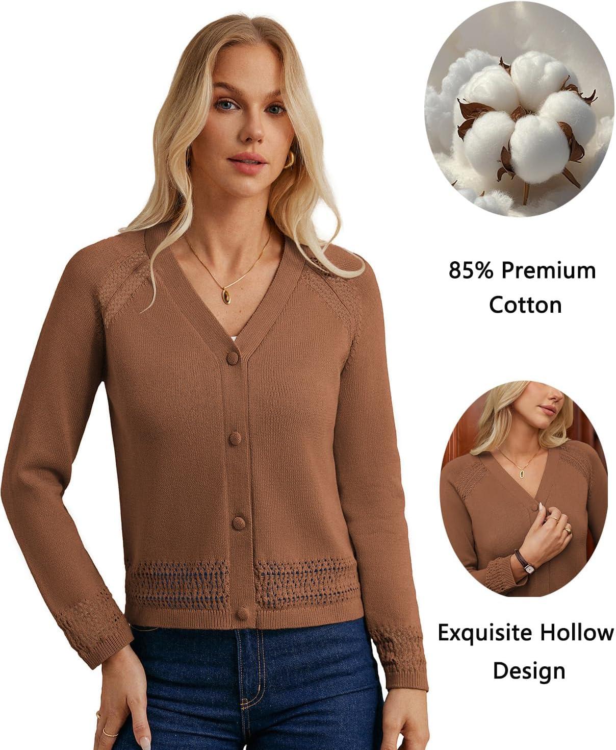 imageGRACE KARIN Cotton Cropped Cardigan Sweater for Women Lightweight V neck Button Up Sweater Spring Summer Fashion Clothes 2026Brown