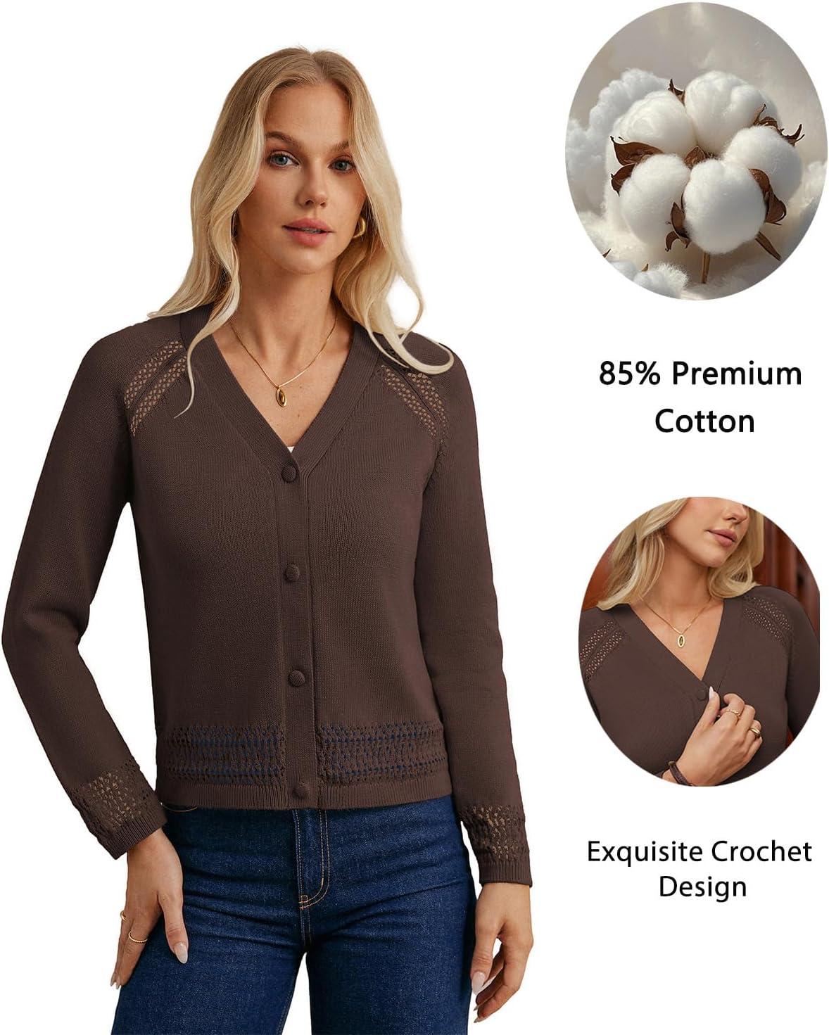 imageGRACE KARIN Cotton Cropped Cardigan Sweater for Women Lightweight V neck Button Up Sweater Spring Summer Fashion Clothes 2026Coffee