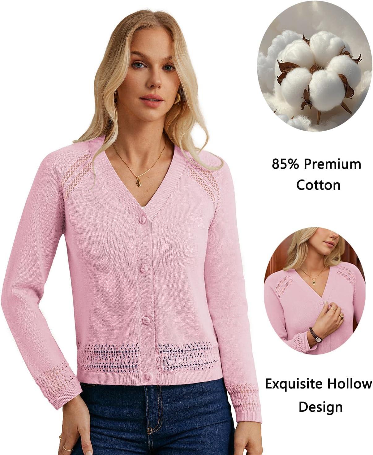 imageGRACE KARIN Cotton Cropped Cardigan Sweater for Women Lightweight V neck Button Up Sweater Spring Summer Fashion Clothes 2026Pink