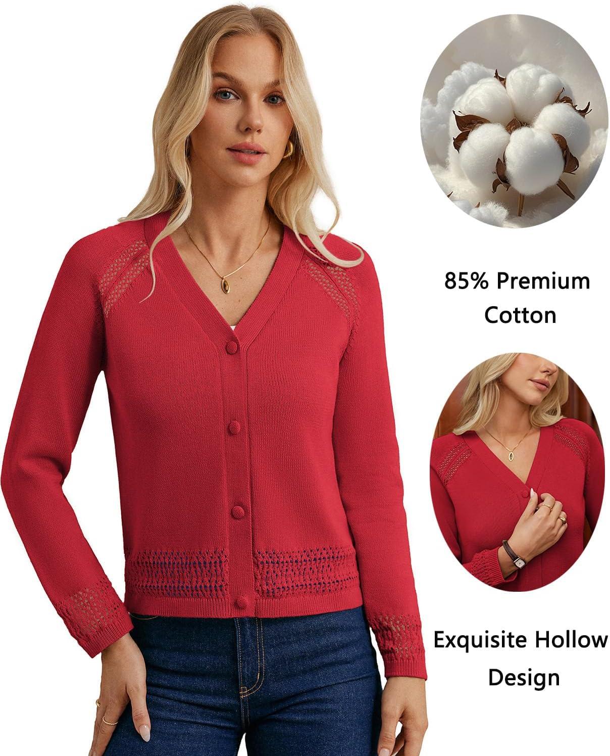 imageGRACE KARIN Cotton Cropped Cardigan Sweater for Women Lightweight V neck Button Up Sweater Spring Summer Fashion Clothes 2026Red