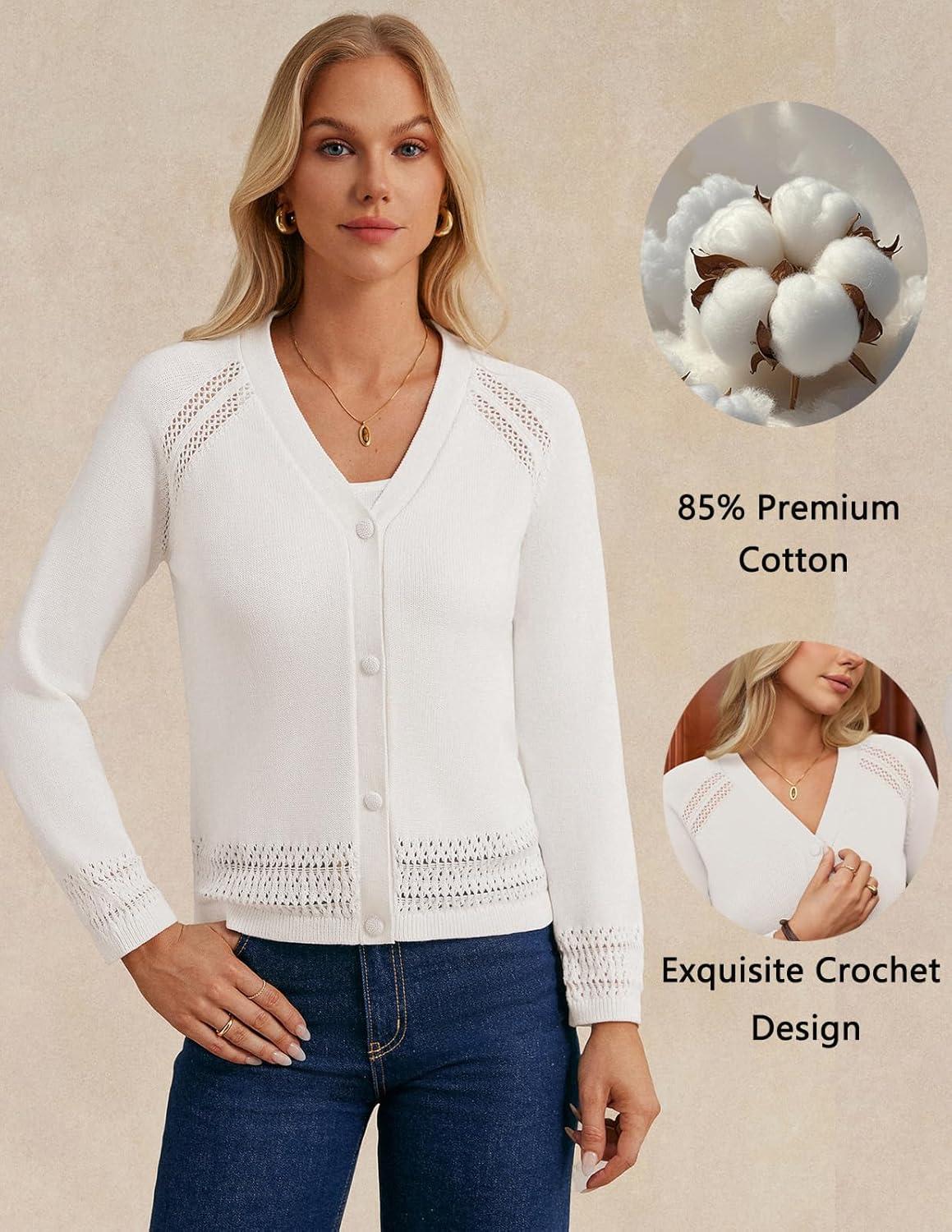 imageGRACE KARIN Cotton Cropped Cardigan Sweater for Women Lightweight V neck Button Up Sweater Spring Summer Fashion Clothes 2026White